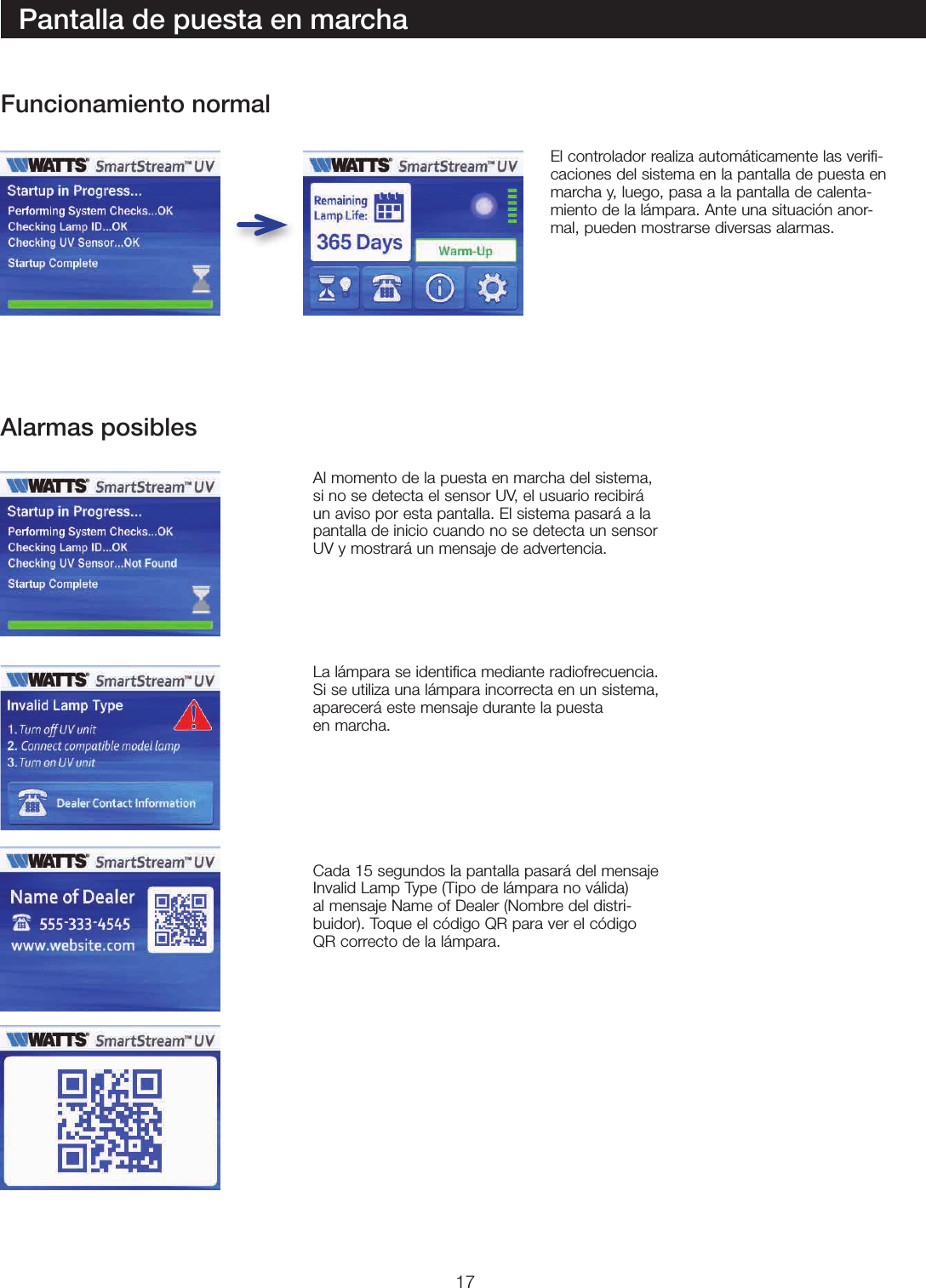 17El controlador realiza automáticamente las verifi-caciones del sistema en la pantalla de puesta en marcha y, luego, pasa a la pantalla de calenta-miento de la lámpara. Ante una situación anor-mal, pueden mostrarse diversas alarmas.Al momento de la puesta en marcha del sistema, si no se detecta el sensor UV, el usuario recibirá un aviso por esta pantalla. El sistema pasará a la pantalla de inicio cuando no se detecta un sensor UV y mostrará un mensaje de advertencia.La lámpara se identifica mediante radiofrecuencia. Si se utiliza una lámpara incorrecta en un sistema, aparecerá este mensaje durante la puesta  en marcha. Cada 15 segundos la pantalla pasará del mensaje Invalid Lamp Type (Tipo de lámpara no válida) al mensaje Name of Dealer (Nombre del distri-buidor). Toque el código QR para ver el código QR correcto de la lámpara.Pantalla de puesta en marchaFuncionamiento normalAlarmas posibles