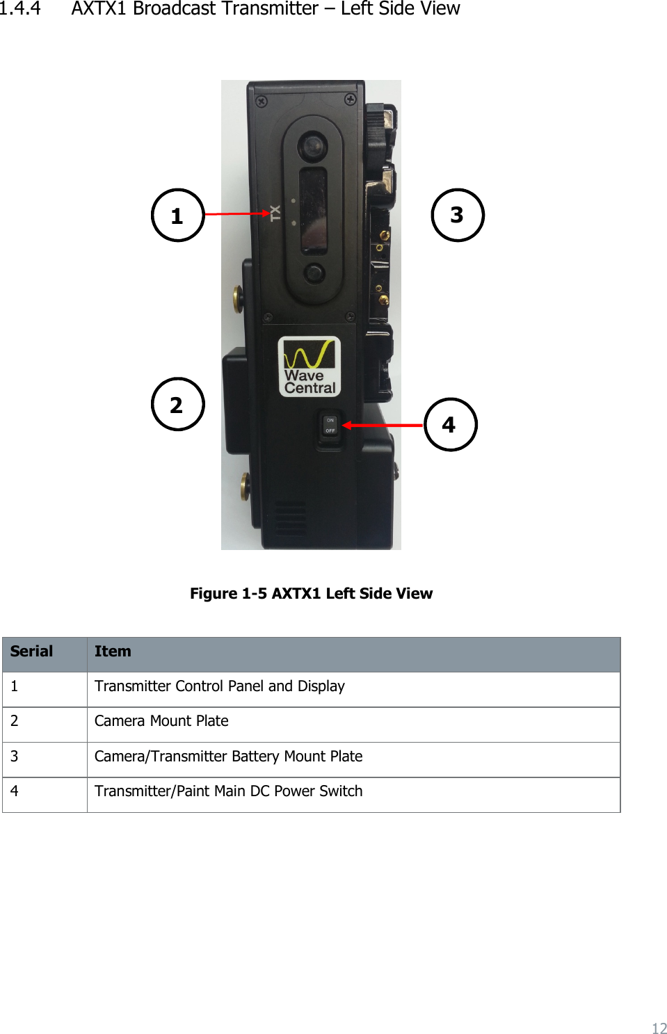 12  1.4.4 AXTX1 Broadcast Transmitter – Left Side View     Figure 1-5 AXTX1 Left Side View  Serial Item 1 Transmitter Control Panel and Display 2 Camera Mount Plate 3 Camera/Transmitter Battery Mount Plate 4 Transmitter/Paint Main DC Power Switch        1 3 4 2 