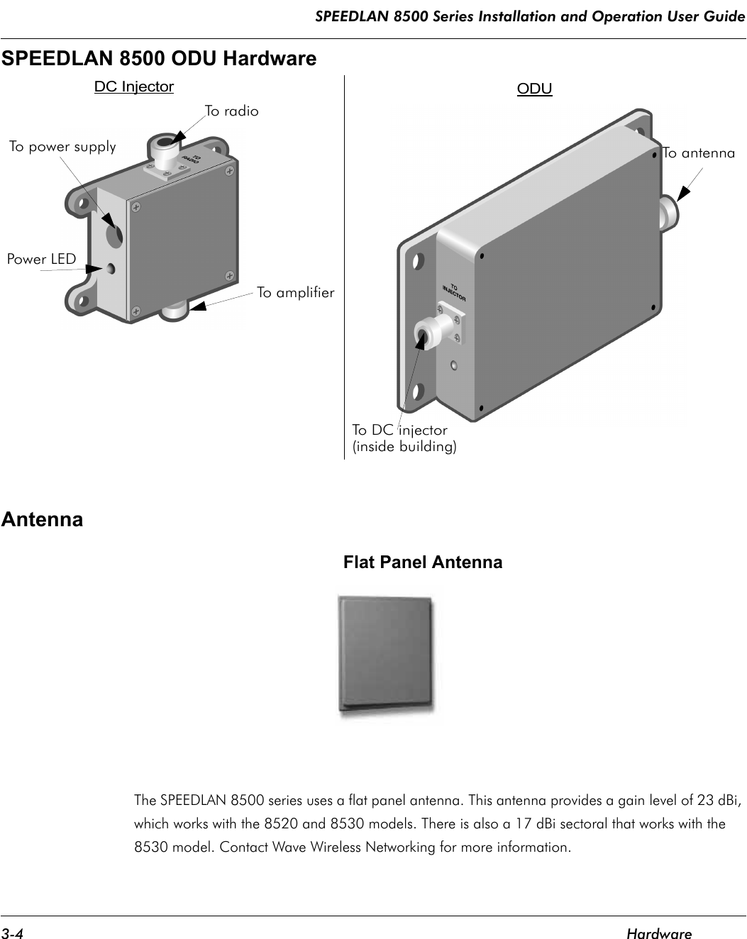 SPEEDLAN 8500 Series Installation and Operation User Guide 3-4 HardwareSPEEDLAN 8500 ODU HardwareAntenna                                                                     Flat Panel AntennaThe SPEEDLAN 8500 series uses a flat panel antenna. This antenna provides a gain level of 23 dBi, which works with the 8520 and 8530 models. There is also a 17 dBi sectoral that works with the 8530 model. Contact Wave Wireless Networking for more information.(inside building) ODUDC InjectorTo DC injectorPower LEDTo  p o w e r s u p p l yTo radioTo amplifierTo a n t e n n a