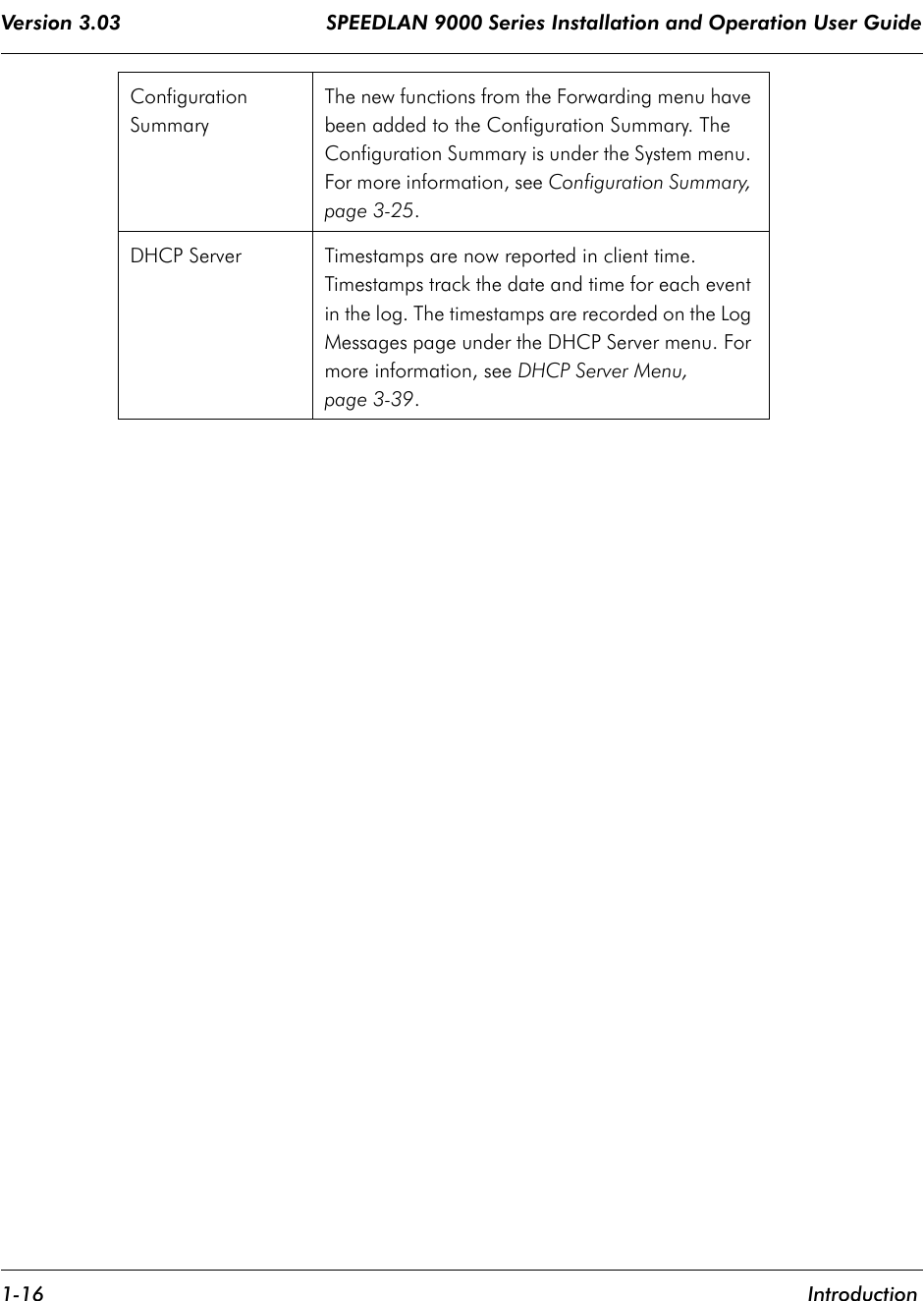 Version 3.03                                  SPEEDLAN 9000 Series Installation and Operation User Guide 1-16 IntroductionConfiguration SummaryThe new functions from the Forwarding menu have been added to the Configuration Summary. The Configuration Summary is under the System menu. For more information, see Configuration Summary, page 3-25.DHCP Server Timestamps are now reported in client time. Timestamps track the date and time for each event in the log. The timestamps are recorded on the Log Messages page under the DHCP Server menu. For more information, see DHCP Server Menu, page 3-39.