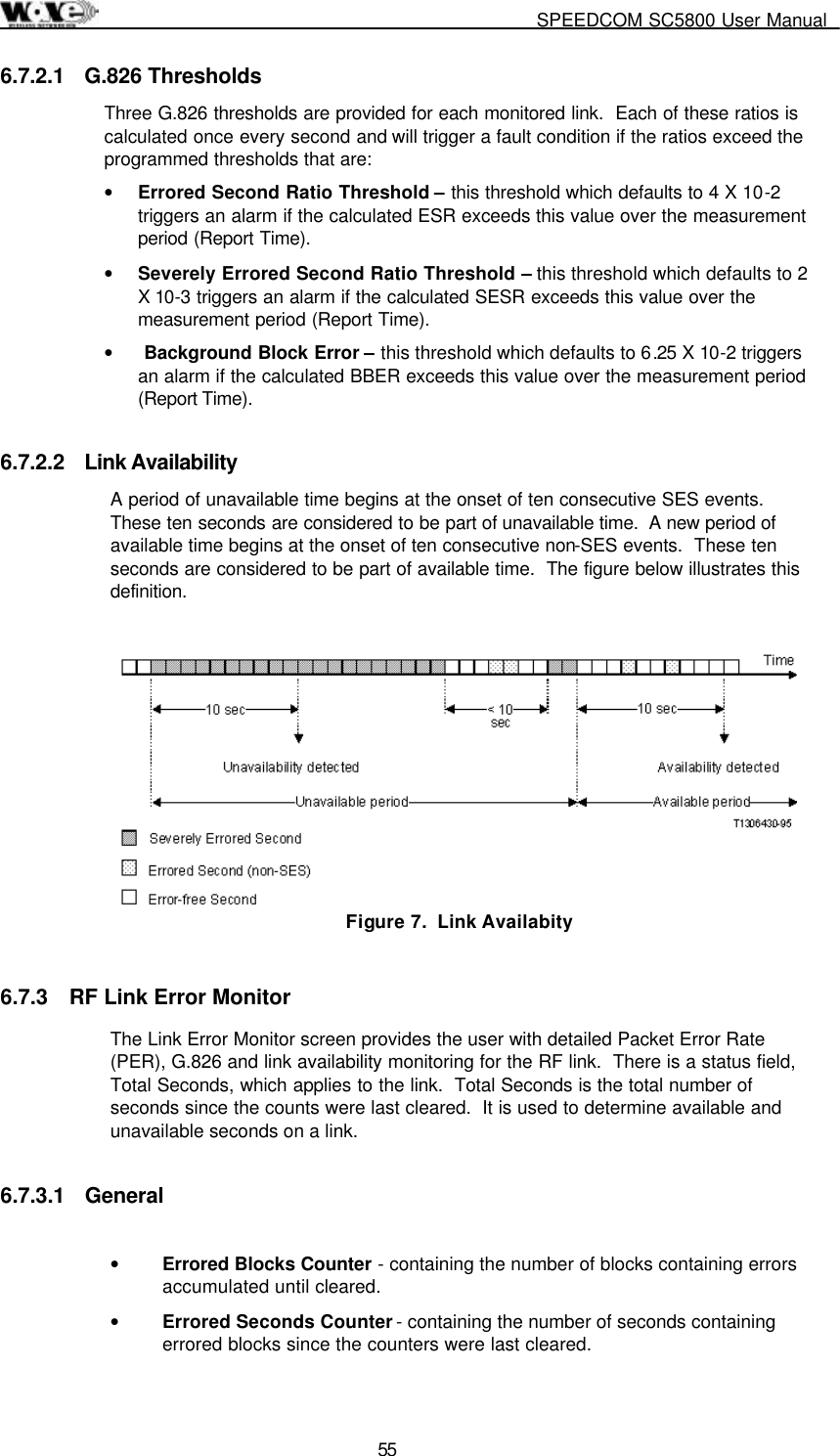     SPEEDCOM SC5800 User Manual  55 6.7.2.1 G.826 Thresholds Three G.826 thresholds are provided for each monitored link.  Each of these ratios is calculated once every second and will trigger a fault condition if the ratios exceed the programmed thresholds that are: •  Errored Second Ratio Threshold – this threshold which defaults to 4 X 10-2 triggers an alarm if the calculated ESR exceeds this value over the measurement period (Report Time). •  Severely Errored Second Ratio Threshold – this threshold which defaults to 2 X 10-3 triggers an alarm if the calculated SESR exceeds this value over the measurement period (Report Time). •   Background Block Error – this threshold which defaults to 6.25 X 10-2 triggers an alarm if the calculated BBER exceeds this value over the measurement period (Report Time).  6.7.2.2  Link Availability A period of unavailable time begins at the onset of ten consecutive SES events.  These ten seconds are considered to be part of unavailable time.  A new period of available time begins at the onset of ten consecutive non-SES events.  These ten seconds are considered to be part of available time.  The figure below illustrates this definition.   Figure 7.  Link Availabity 6.7.3  RF Link Error Monitor  The Link Error Monitor screen provides the user with detailed Packet Error Rate (PER), G.826 and link availability monitoring for the RF link.  There is a status field, Total Seconds, which applies to the link.  Total Seconds is the total number of seconds since the counts were last cleared.  It is used to determine available and unavailable seconds on a link. 6.7.3.1 General  •  Errored Blocks Counter - containing the number of blocks containing errors accumulated until cleared. •  Errored Seconds Counter - containing the number of seconds containing errored blocks since the counters were last cleared. 