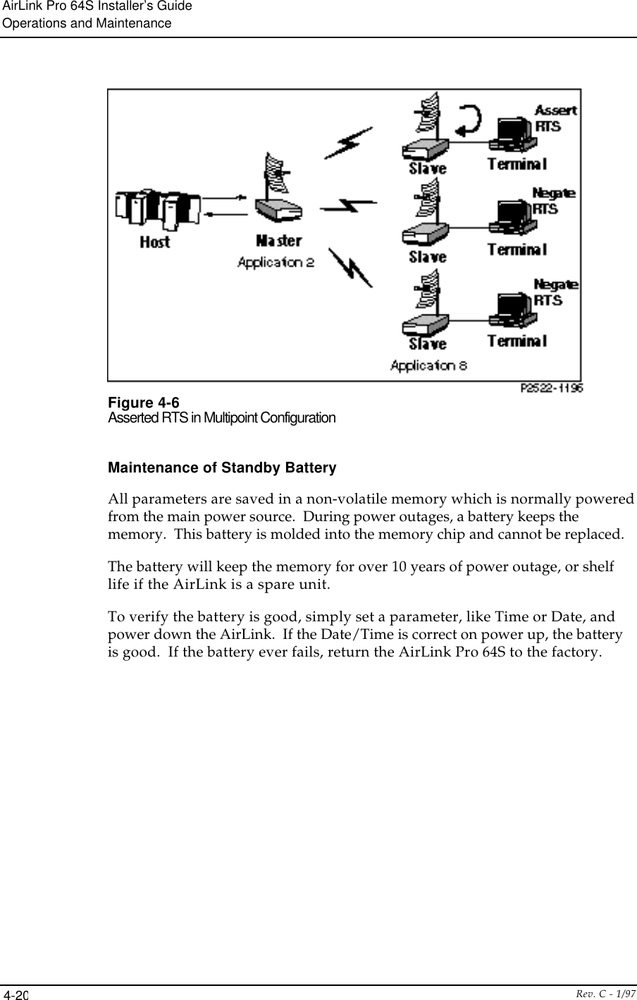 AirLink Pro 64S Installer’s GuideOperations and MaintenanceRev. C - 1/974-20Figure 4-6Asserted RTS in Multipoint ConfigurationMaintenance of Standby BatteryAll parameters are saved in a non-volatile memory which is normally poweredfrom the main power source.  During power outages, a battery keeps thememory.  This battery is molded into the memory chip and cannot be replaced.The battery will keep the memory for over 10 years of power outage, or shelflife if the AirLink is a spare unit.To verify the battery is good, simply set a parameter, like Time or Date, andpower down the AirLink.  If the Date/Time is correct on power up, the batteryis good.  If the battery ever fails, return the AirLink Pro 64S to the factory.