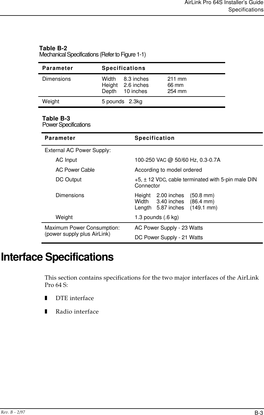 AirLink Pro 64S Installer’s GuideSpecificationsRev. B - 2/97 B-3Table B-2Mechanical Specifications (Refer to Figure 1-1)Parameter SpecificationsDimensions Width 8.3 inches 211 mmHeight 2.6 inches 66 mmDepth 10 inches 254 mmWeight 5 pounds   2.3kgTable B-3Power SpecificationsParameter SpecificationExternal AC Power Supply:AC InputAC Power CableDC OutputDimensionsWeight100-250 VAC @ 50/60 Hz, 0.3-0.7AAccording to model ordered+5, ± 12 VDC, cable terminated with 5-pin male DINConnectorHeight 2.00 inches    (50.8 mm)Width 3.40 inches    (86.4 mm)Length 5.87 inches    (149.1 mm)1.3 pounds (.6 kg)Maximum Power Consumption:(power supply plus AirLink) AC Power Supply - 23 WattsDC Power Supply - 21 WattsInterface SpecificationsThis section contains specifications for the two major interfaces of the AirLinkPro 64 S:❚DTE interface❚Radio interface