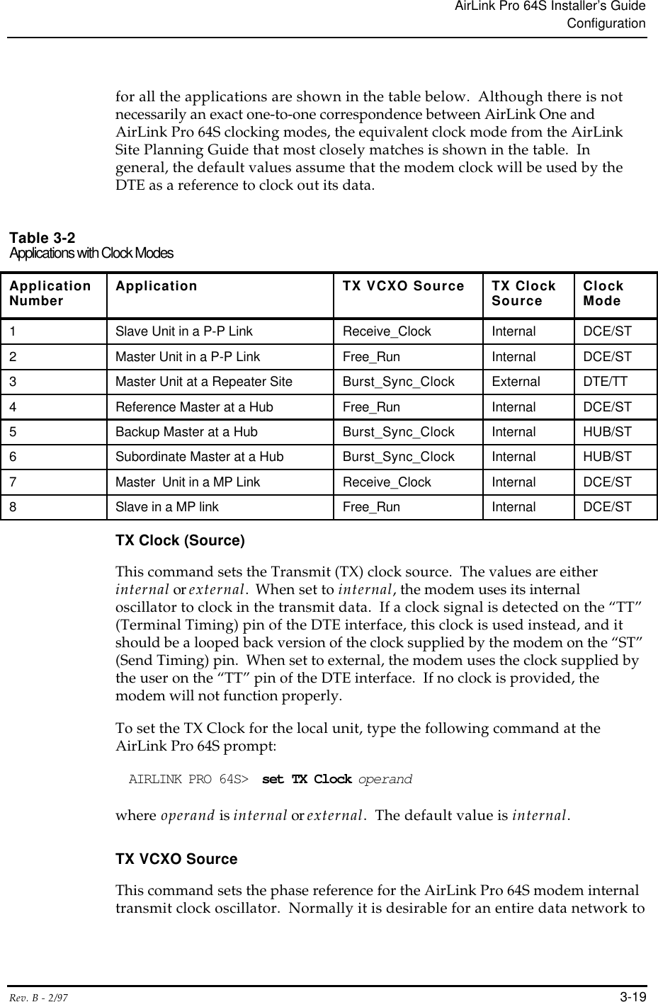 AirLink Pro 64S Installer’s GuideConfigurationRev. B - 2/97 3-19for all the applications are shown in the table below.  Although there is notnecessarily an exact one-to-one correspondence between AirLink One andAirLink Pro 64S clocking modes, the equivalent clock mode from the AirLinkSite Planning Guide that most closely matches is shown in the table.  Ingeneral, the default values assume that the modem clock will be used by theDTE as a reference to clock out its data.Table 3-2Applications with Clock ModesApplicationNumber Application TX VCXO Source TX ClockSource ClockMode1Slave Unit in a P-P Link Receive_Clock Internal DCE/ST2Master Unit in a P-P Link Free_Run Internal DCE/ST3Master Unit at a Repeater Site Burst_Sync_Clock External DTE/TT4Reference Master at a Hub Free_Run Internal DCE/ST5 Backup Master at a Hub Burst_Sync_Clock Internal HUB/ST6Subordinate Master at a Hub Burst_Sync_Clock Internal HUB/ST7Master  Unit in a MP Link Receive_Clock Internal DCE/ST8Slave in a MP link Free_Run Internal DCE/STTX Clock (Source)This command sets the Transmit (TX) clock source.  The values are eitherinternal or external.  When set to internal, the modem uses its internaloscillator to clock in the transmit data.  If a clock signal is detected on the “TT”(Terminal Timing) pin of the DTE interface, this clock is used instead, and itshould be a looped back version of the clock supplied by the modem on the “ST”(Send Timing) pin.  When set to external, the modem uses the clock supplied bythe user on the “TT” pin of the DTE interface.  If no clock is provided, themodem will not function properly.To set the TX Clock for the local unit, type the following command at theAirLink Pro 64S prompt:AIRLINK PRO 64S&gt;  set TX Clock operandwhere operand is internal or external.  The default value is internal.TX VCXO SourceThis command sets the phase reference for the AirLink Pro 64S modem internaltransmit clock oscillator.  Normally it is desirable for an entire data network to