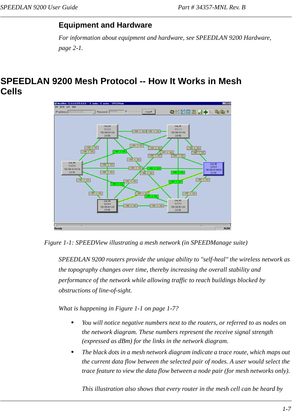SPEEDLAN 9200 User Guide                                                              Part # 34357-MNL Rev. B      1-7                                                                                                                                                              Equipment and HardwareFor information about equipment and hardware, see SPEEDLAN 9200 Hardware, page 2-1.SPEEDLAN 9200 Mesh Protocol -- How It Works in Mesh CellsFigure 1-1: SPEEDView illustrating a mesh network (in SPEEDManage suite)SPEEDLAN 9200 routers provide the unique ability to &quot;self-heal&quot; the wireless network as the topography changes over time, thereby increasing the overall stability and performance of the network while allowing traffic to reach buildings blocked by obstructions of line-of-sight. What is happening in Figure 1-1 on page 1-7?  •You will notice negative numbers next to the routers, or referred to as nodes on the network diagram. These numbers represent the receive signal strength (expressed as dBm) for the links in the network diagram. •The black dots in a mesh network diagram indicate a trace route, which maps out the current data flow between the selected pair of nodes. A user would select the trace feature to view the data flow between a node pair (for mesh networks only). This illustration also shows that every router in the mesh cell can be heard by 