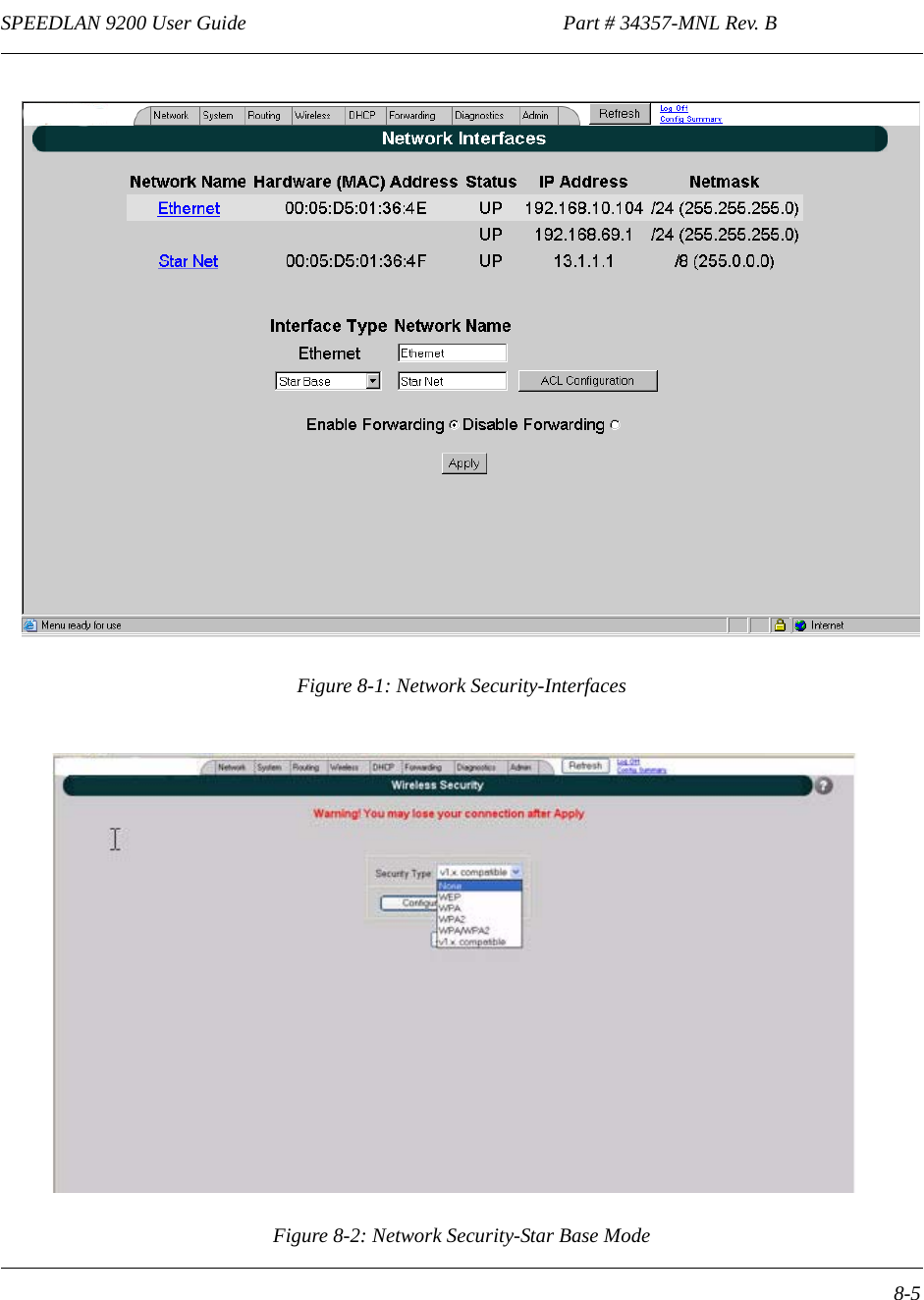 SPEEDLAN 9200 User Guide                                                              Part # 34357-MNL Rev. B      8-5                                                                                                                                                              Figure 8-1: Network Security-InterfacesFigure 8-2: Network Security-Star Base Mode