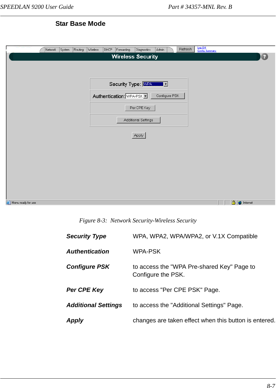 SPEEDLAN 9200 User Guide                                                              Part # 34357-MNL Rev. B      8-7                                                                                                                                                              Star Base ModeFigure 8-3:  Network Security-Wireless SecuritySecurity Type  WPA, WPA2, WPA/WPA2, or V.1X CompatibleAuthentication  WPA-PSKConfigure PSK  to access the &quot;WPA Pre-shared Key&quot; Page to Configure the PSK. Per CPE Key to access &quot;Per CPE PSK&quot; Page.Additional Settings to access the &quot;Additional Settings&quot; Page.Apply  changes are taken effect when this button is entered.