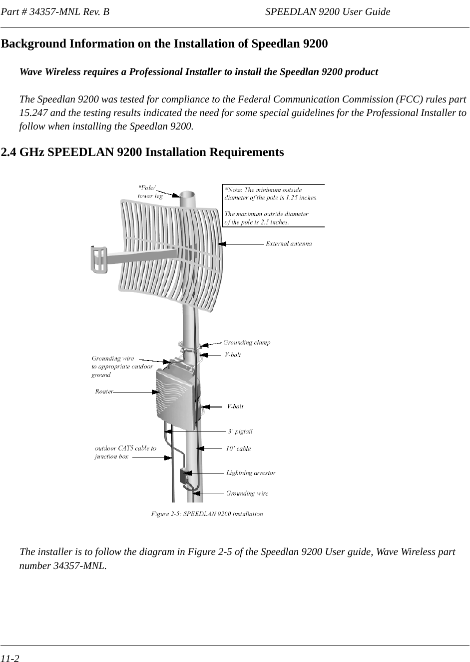Part # 34357-MNL Rev. B                                                            SPEEDLAN 9200 User Guide 11-2Background Information on the Installation of Speedlan 9200Wave Wireless requires a Professional Installer to install the Speedlan 9200 productThe Speedlan 9200 was tested for compliance to the Federal Communication Commission (FCC) rules part 15.247 and the testing results indicated the need for some special guidelines for the Professional Installer to follow when installing the Speedlan 9200.2.4 GHz SPEEDLAN 9200 Installation RequirementsThe installer is to follow the diagram in Figure 2-5 of the Speedlan 9200 User guide, Wave Wireless part number 34357-MNL.