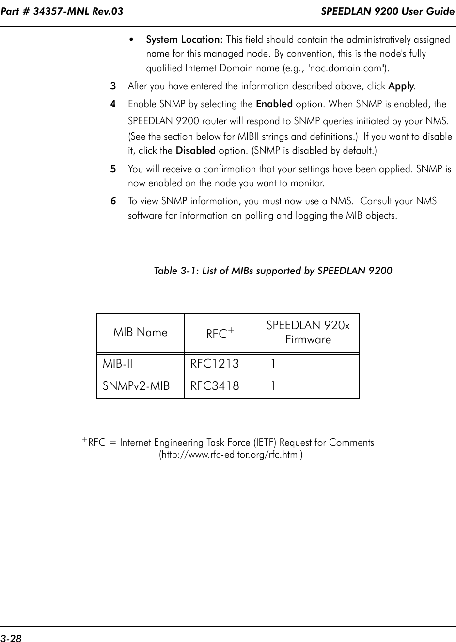 Part # 34357-MNL Rev.03                                                                   SPEEDLAN 9200 User Guide 3-28•System Location: This field should contain the administratively assigned name for this managed node. By convention, this is the node&apos;s fully qualified Internet Domain name (e.g., &quot;noc.domain.com&quot;).3After you have entered the information described above, click Apply.4Enable SNMP by selecting the Enabled option. When SNMP is enabled, the SPEEDLAN 9200 router will respond to SNMP queries initiated by your NMS. (See the section below for MIBII strings and definitions.)  If you want to disable it, click the Disabled option. (SNMP is disabled by default.)5You will receive a confirmation that your settings have been applied. SNMP is now enabled on the node you want to monitor. 6To view SNMP information, you must now use a NMS.  Consult your NMS software for information on polling and logging the MIB objects.Table 3-1: List of MIBs supported by SPEEDLAN 9200+RFC = Internet Engineering Task Force (IETF) Request for Comments  (http://www.rfc-editor.org/rfc.html)MIB Name RFC+SPEEDLAN 920x FirmwareMIB-II RFC1213   1SNMPv2-MIB RFC3418   1