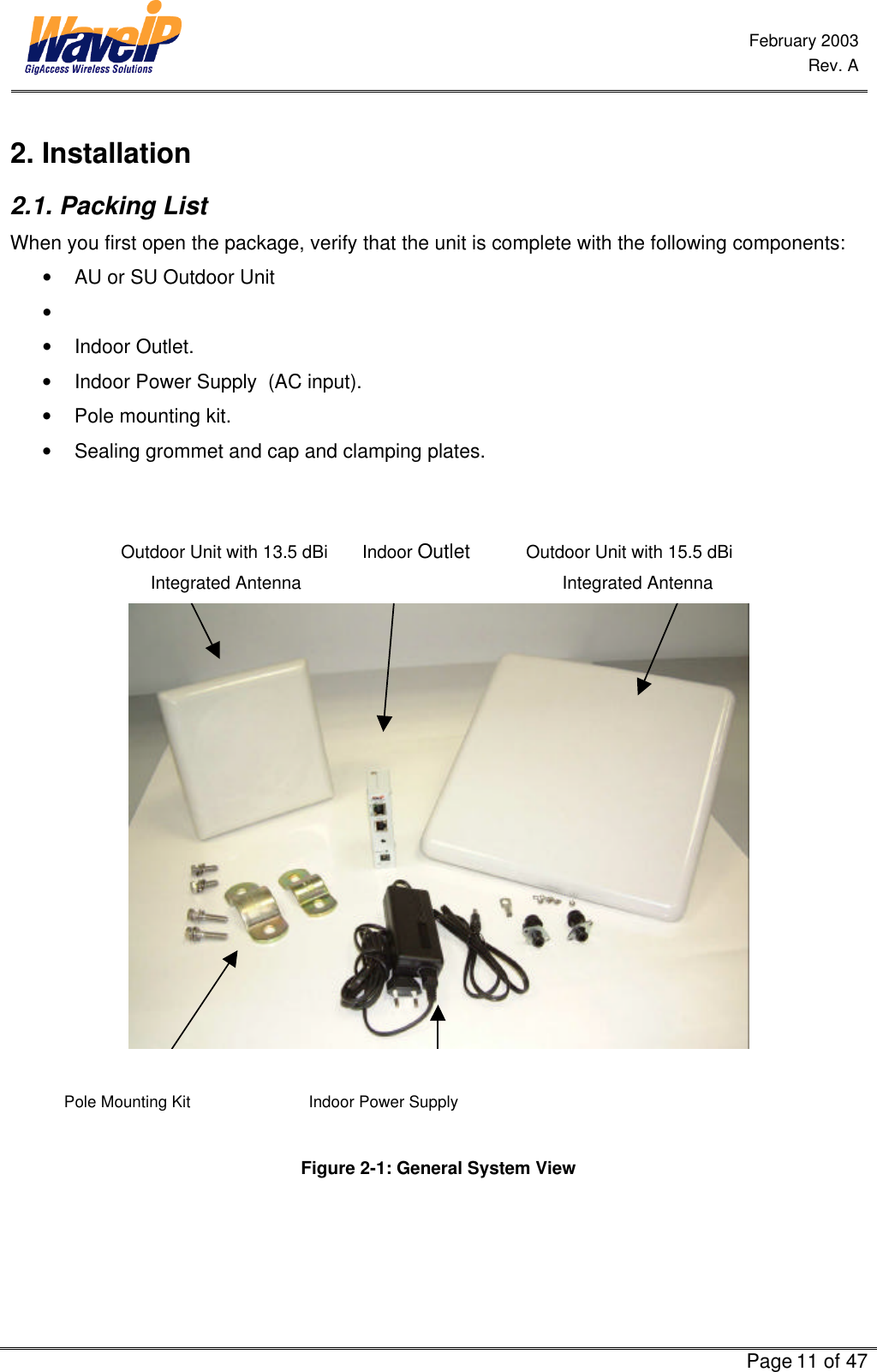  February 2003  Rev. A      Page 11 of 47  2. Installation  2.1. Packing List When you first open the package, verify that the unit is complete with the following components: • AU or SU Outdoor Unit  •  • Indoor Outlet. • Indoor Power Supply  (AC input). • Pole mounting kit.  • Sealing grommet and cap and clamping plates.                   Outdoor Unit with 13.5 dBi       Indoor Outlet           Outdoor Unit with 15.5 dBi                        Integrated Antenna                                                     Integrated Antenna                Pole Mounting Kit                      Indoor Power Supply  Figure 2-1: General System View    