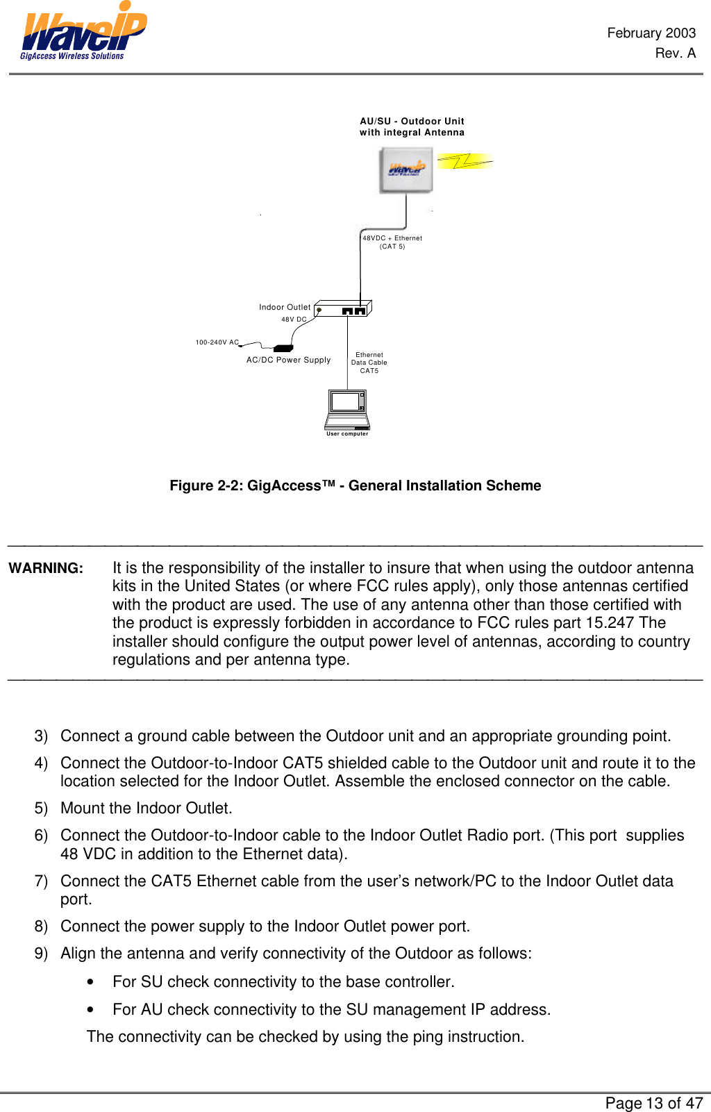  February 2003  Rev. A      Page 13 of 47  AU/SU - Outdoor Unitwith integral AntennaAC/DC Power SupplyIndoor Outlet100-240V AC48V DC48VDC + Ethernet(CAT 5)EthernetData CableCAT5User computer Figure 2-2: GigAccess™ - General Installation Scheme   WARNING: It is the responsibility of the installer to insure that when using the outdoor antenna kits in the United States (or where FCC rules apply), only those antennas certified with the product are used. The use of any antenna other than those certified with the product is expressly forbidden in accordance to FCC rules part 15.247 The installer should configure the output power level of antennas, according to country regulations and per antenna type.    3) Connect a ground cable between the Outdoor unit and an appropriate grounding point. 4) Connect the Outdoor-to-Indoor CAT5 shielded cable to the Outdoor unit and route it to the location selected for the Indoor Outlet. Assemble the enclosed connector on the cable. 5) Mount the Indoor Outlet.  6) Connect the Outdoor-to-Indoor cable to the Indoor Outlet Radio port. (This port  supplies 48 VDC in addition to the Ethernet data). 7) Connect the CAT5 Ethernet cable from the user’s network/PC to the Indoor Outlet data port. 8) Connect the power supply to the Indoor Outlet power port. 9) Align the antenna and verify connectivity of the Outdoor as follows:  • For SU check connectivity to the base controller.  • For AU check connectivity to the SU management IP address.  The connectivity can be checked by using the ping instruction. 