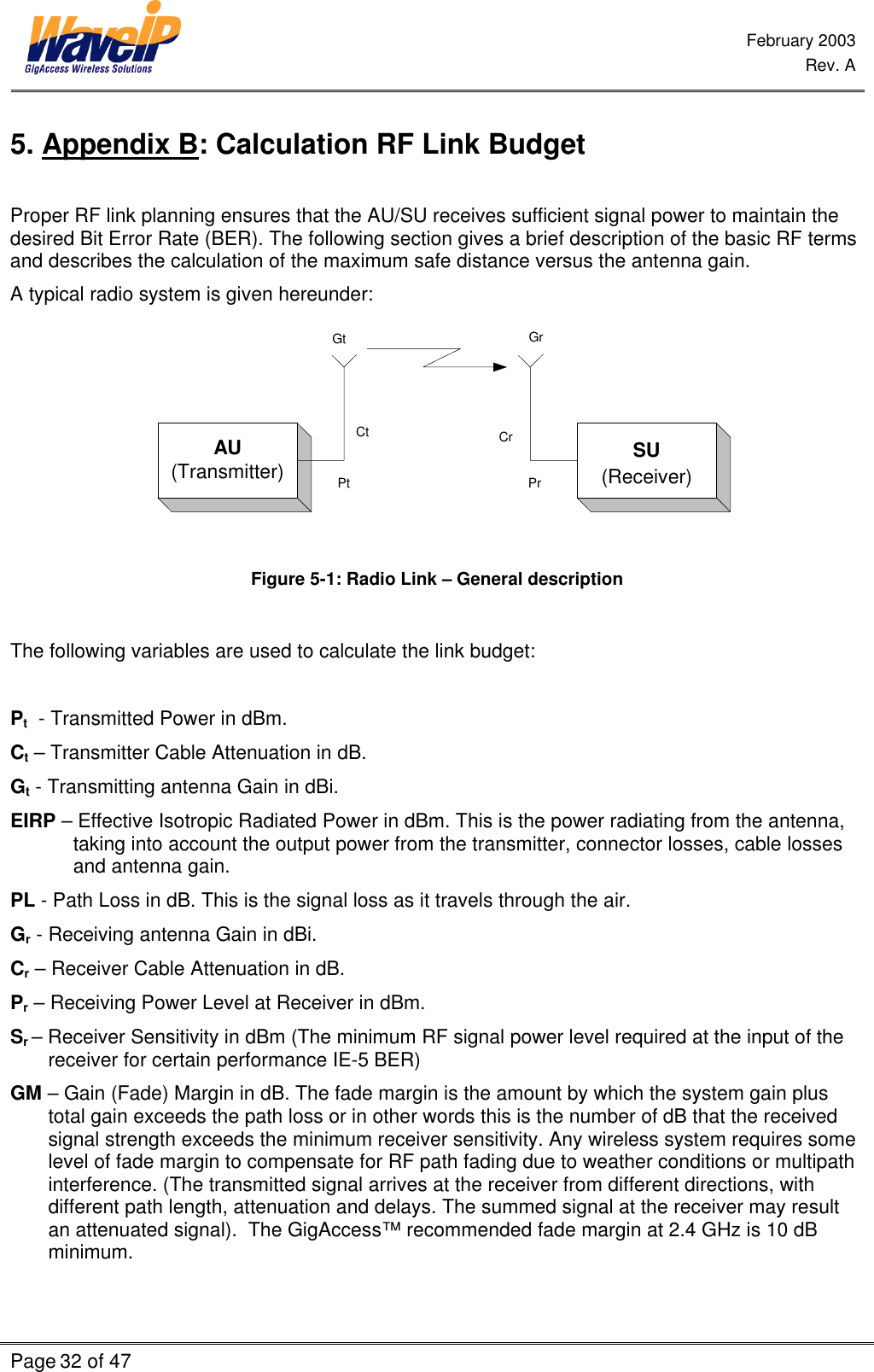  February 2003  Rev. A  Page 32 of 47    5. Appendix B: Calculation RF Link Budget  Proper RF link planning ensures that the AU/SU receives sufficient signal power to maintain the desired Bit Error Rate (BER). The following section gives a brief description of the basic RF terms and describes the calculation of the maximum safe distance versus the antenna gain. A typical radio system is given hereunder: AU(Transmitter) SU(Receiver)Gt GrPt PrCt Cr Figure 5-1: Radio Link – General description  The following variables are used to calculate the link budget:  Pt  - Transmitted Power in dBm. Ct – Transmitter Cable Attenuation in dB. Gt - Transmitting antenna Gain in dBi. EIRP – Effective Isotropic Radiated Power in dBm. This is the power radiating from the antenna, taking into account the output power from the transmitter, connector losses, cable losses and antenna gain. PL - Path Loss in dB. This is the signal loss as it travels through the air. Gr - Receiving antenna Gain in dBi. Cr – Receiver Cable Attenuation in dB. Pr – Receiving Power Level at Receiver in dBm. Sr – Receiver Sensitivity in dBm (The minimum RF signal power level required at the input of the receiver for certain performance IE-5 BER) GM – Gain (Fade) Margin in dB. The fade margin is the amount by which the system gain plus total gain exceeds the path loss or in other words this is the number of dB that the received signal strength exceeds the minimum receiver sensitivity. Any wireless system requires some level of fade margin to compensate for RF path fading due to weather conditions or multipath interference. (The transmitted signal arrives at the receiver from different directions, with different path length, attenuation and delays. The summed signal at the receiver may result an attenuated signal).  The GigAccess™ recommended fade margin at 2.4 GHz is 10 dB minimum. 