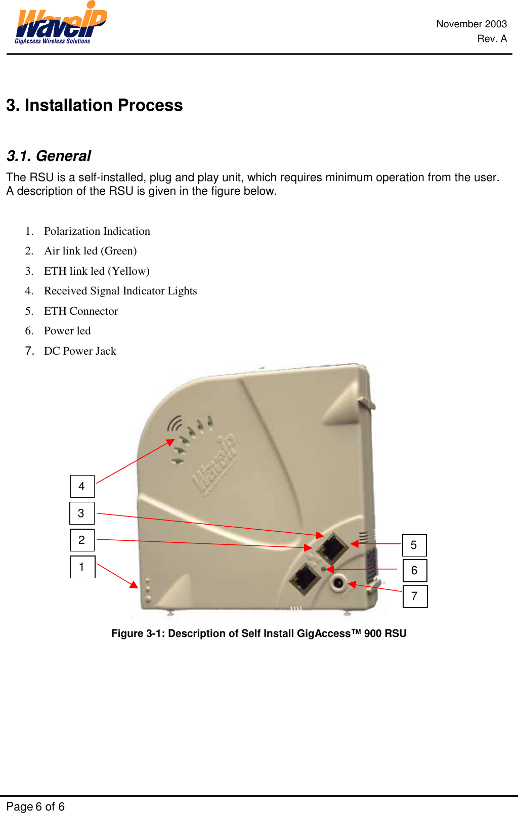 November 2003 Rev. A Page 6 of 6     3. Installation Process  3.1. General The RSU is a self-installed, plug and play unit, which requires minimum operation from the user.  A description of the RSU is given in the figure below.  1. Polarization Indication 2.  Air link led (Green) 3.  ETH link led (Yellow) 4.  Received Signal Indicator Lights 5. ETH Connector 6. Power led 7.  DC Power Jack  Figure  3-1: Description of Self Install GigAccess™ 900 RSU    1 4 7 6 5 3 2 