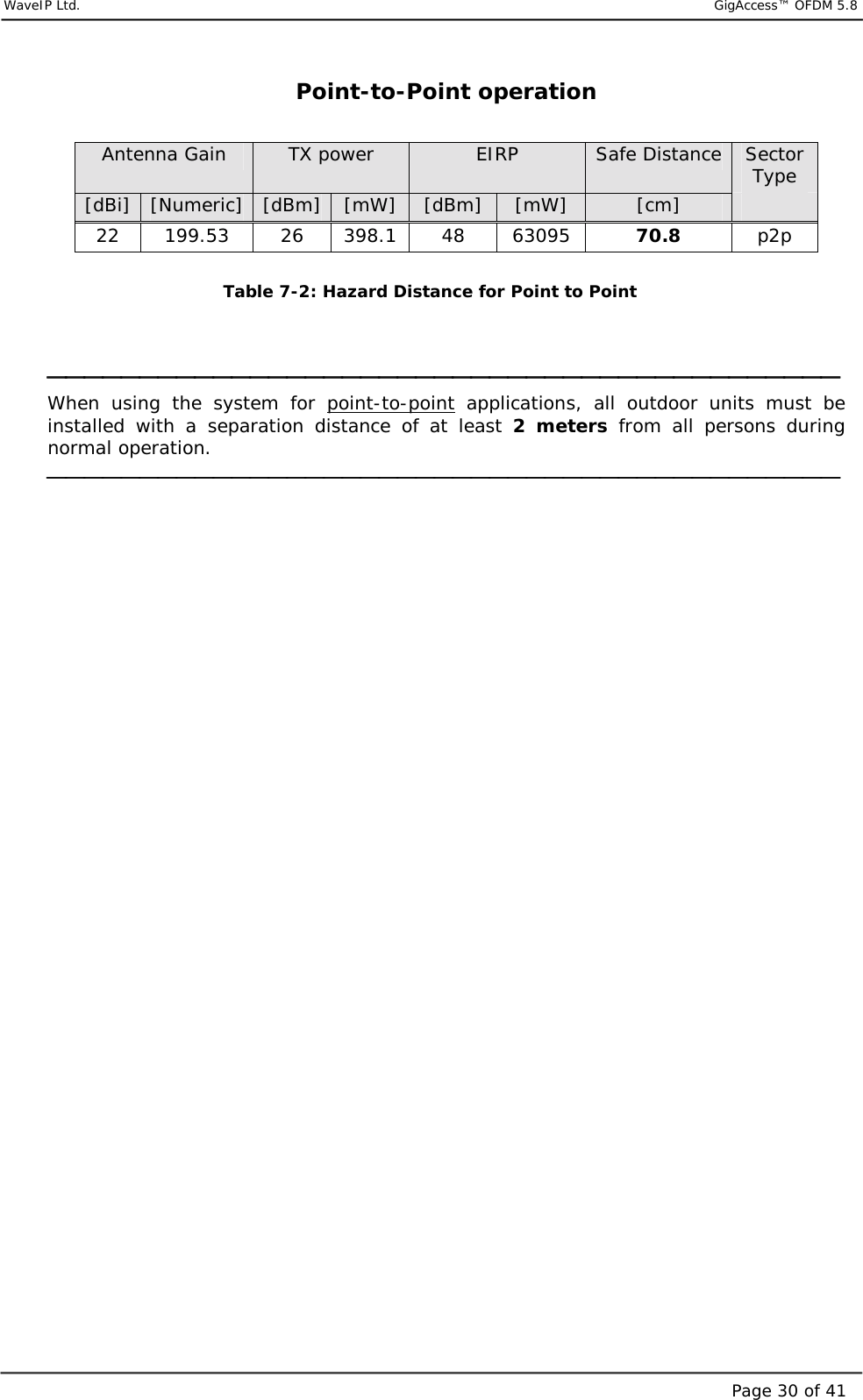     WaveIP Ltd.                            GigAccess™ OFDM 5.8Page 30 of 41Point-to-Point operation  Antenna Gain  TX power  EIRP  Safe Distance  Sector Type [dBi]  [Numeric]  [dBm]  [mW]  [dBm]  [mW]  [cm]   22 199.53  26 398.1 48 63095  70.8  p2p  Table  7-2: Hazard Distance for Point to Point    When using the system for point-to-point applications, all outdoor units must be installed with a separation distance of at least 2 meters from all persons during normal operation.                      