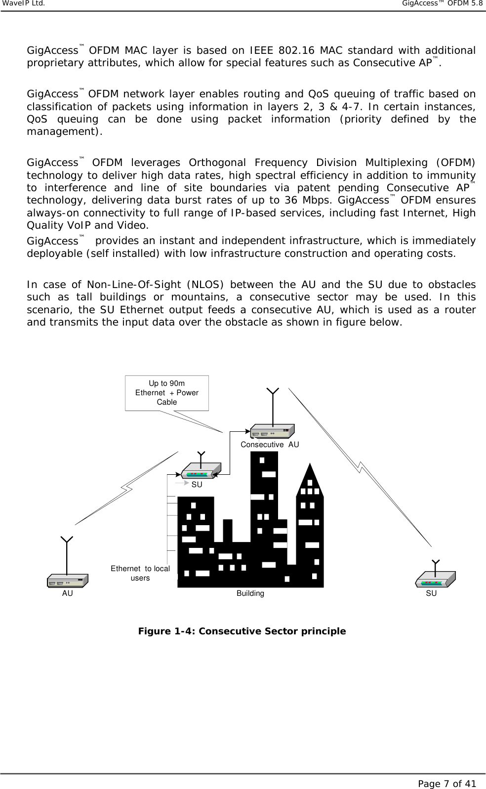     WaveIP Ltd.                            GigAccess™ OFDM 5.8Page 7 of 41GigAccess™  OFDM MAC layer is based on IEEE 802.16 MAC standard with additional proprietary attributes, which allow for special features such as Consecutive AP™.  GigAccess™ OFDM network layer enables routing and QoS queuing of traffic based on classification of packets using information in layers 2, 3 &amp; 4-7. In certain instances, QoS queuing can be done using packet information (priority defined by the management).  GigAccess™  OFDM leverages Orthogonal Frequency Division Multiplexing (OFDM) technology to deliver high data rates, high spectral efficiency in addition to immunity to interference and line of site boundaries via patent pending Consecutive AP™ technology, delivering data burst rates of up to 36 Mbps. GigAccess™ OFDM ensures always-on connectivity to full range of IP-based services, including fast Internet, High Quality VoIP and Video.  GigAccess™   provides an instant and independent infrastructure, which is immediately deployable (self installed) with low infrastructure construction and operating costs.   In case of Non-Line-Of-Sight (NLOS) between the AU and the SU due to obstacles such as tall buildings or mountains, a consecutive sector may be used. In this scenario, the SU Ethernet output feeds a consecutive AU, which is used as a router and transmits the input data over the obstacle as shown in figure below.     AUSUSUConsecutive  AUBuildingUp to 90mEthernet  + PowerCableEthernet  to localusersEthernet  to localusers Figure  1-4: Consecutive Sector principle     