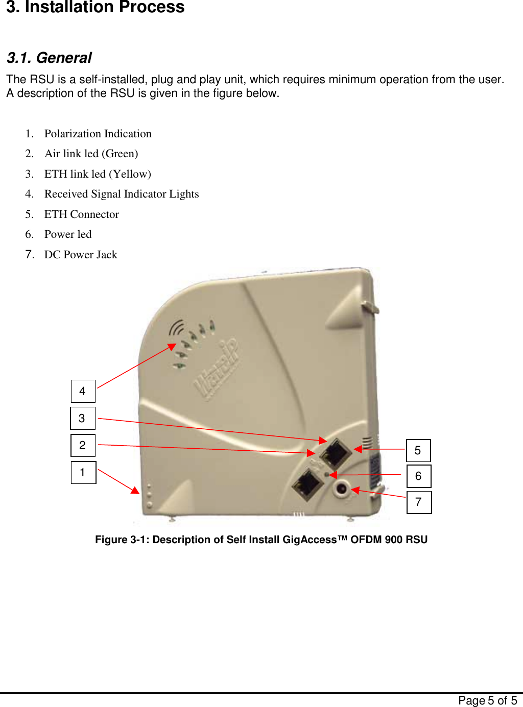   Page 5 of 5   3. Installation Process  3.1. General The RSU is a self-installed, plug and play unit, which requires minimum operation from the user.  A description of the RSU is given in the figure below.  1. Polarization Indication 2.  Air link led (Green) 3.  ETH link led (Yellow) 4.  Received Signal Indicator Lights 5. ETH Connector 6. Power led 7.  DC Power Jack  Figure  3-1: Description of Self Install GigAccess™ OFDM 900 RSU    1 4 7 6 5 3 2 