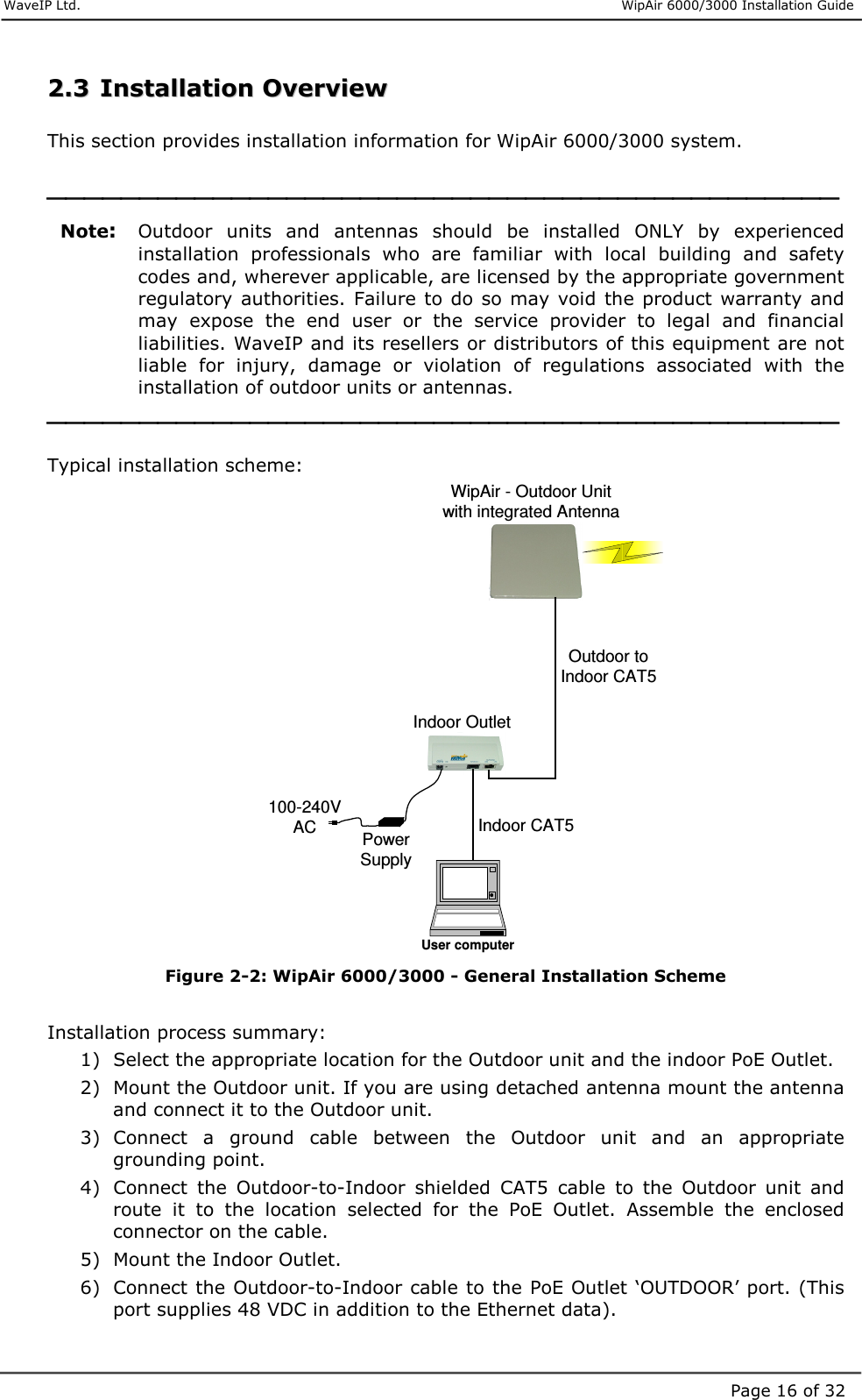     WaveIP Ltd.                      WipAir 6000/3000 Installation Guide Page 16 of 3222..33  IInnssttaallllaattiioonn  OOvveerrvviieeww   This section provides installation information for WipAir 6000/3000 system.   Note: Outdoor  units  and  antennas  should  be  installed  ONLY  by  experienced installation  professionals  who  are  familiar  with  local  building  and  safety codes and, wherever applicable, are licensed by the appropriate government regulatory  authorities. Failure to do  so may void the product  warranty and may  expose  the  end  user  or  the  service  provider  to  legal  and  financial liabilities. WaveIP and its resellers or distributors of this equipment are not liable  for  injury,  damage  or  violation  of  regulations  associated  with  the installation of outdoor units or antennas.   Typical installation scheme:  WipAir - Outdoor Unitwith integrated AntennaOutdoor toIndoor CAT5Indoor OutletUser computerIndoor CAT5PowerSupply100-240VAC Figure  2-2: WipAir 6000/3000 - General Installation Scheme  Installation process summary:  1)  Select the appropriate location for the Outdoor unit and the indoor PoE Outlet. 2)  Mount the Outdoor unit. If you are using detached antenna mount the antenna and connect it to the Outdoor unit. 3)  Connect  a  ground  cable  between  the  Outdoor  unit  and  an  appropriate grounding point. 4)  Connect  the  Outdoor-to-Indoor  shielded  CAT5  cable  to  the  Outdoor  unit  and route  it  to  the  location  selected  for  the  PoE  Outlet.  Assemble  the  enclosed connector on the cable. 5)  Mount the Indoor Outlet.  6)  Connect the Outdoor-to-Indoor cable to the PoE Outlet ‘OUTDOOR’ port. (This port supplies 48 VDC in addition to the Ethernet data). 