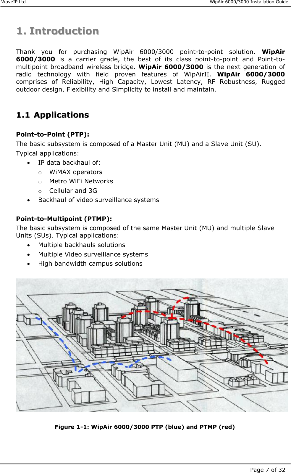     WaveIP Ltd.                      WipAir 6000/3000 Installation Guide Page 7 of 3211..  IInnttrroodduuccttiioonn   Thank  you  for  purchasing  WipAir  6000/3000  point-to-point  solution.  WipAir 6000/3000  is  a  carrier  grade,  the  best  of  its  class  point-to-point  and  Point-to-multipoint  broadband  wireless bridge. WipAir 6000/3000 is the next generation of radio  technology  with  field  proven  features  of  WipAirII.  WipAir  6000/3000 comprises  of  Reliability,  High  Capacity,  Lowest  Latency,  RF  Robustness,  Rugged outdoor design, Flexibility and Simplicity to install and maintain.  11..11  AApppplliiccaattiioonnss   Point-to-Point (PTP): The basic subsystem is composed of a Master Unit (MU) and a Slave Unit (SU). Typical applications: •  IP data backhaul of: o  WiMAX operators o  Metro WiFi Networks o  Cellular and 3G •  Backhaul of video surveillance systems  Point-to-Multipoint (PTMP): The basic subsystem is composed of the same Master Unit (MU) and multiple Slave Units (SUs). Typical applications: •  Multiple backhauls solutions •  Multiple Video surveillance systems  •  High bandwidth campus solutions    Figure  1-1: WipAir 6000/3000 PTP (blue) and PTMP (red) 