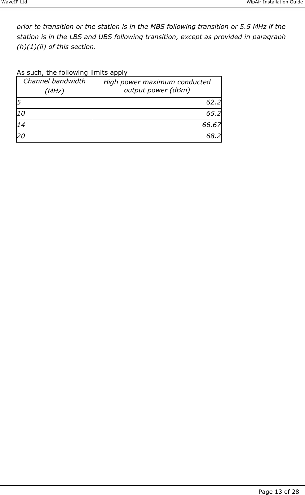     WaveIP Ltd.                               WipAir Installation Guide Page 13 of 28 prior to transition or the station is in the MBS following transition or 5.5 MHz if the station is in the LBS and UBS following transition, except as provided in paragraph (h)(1)(ii) of this section.   As such, the following limits apply Channel bandwidth  (MHz) High power maximum conducted output power (dBm) 5  62.2 10  65.2 14  66.67 20  68.2   