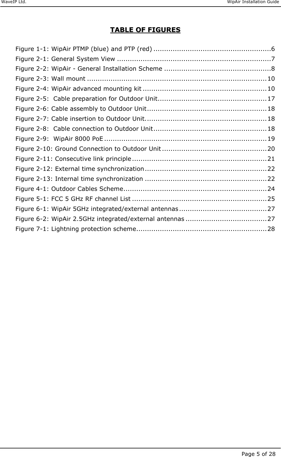     WaveIP Ltd.                               WipAir Installation Guide Page 5 of 28 TTAABBLLEE  OOFF  FFIIGGUURREESS   Figure  1-1: WipAir PTMP (blue) and PTP (red) .......................................................6 Figure  2-1: General System View ........................................................................7 Figure  2-2: WipAir - General Installation Scheme ..................................................8 Figure  2-3: Wall mount ....................................................................................10 Figure  2-4: WipAir advanced mounting kit ..........................................................10 Figure  2-5:  Cable preparation for Outdoor Unit...................................................17 Figure  2-6: Cable assembly to Outdoor Unit........................................................18 Figure  2-7: Cable insertion to Outdoor Unit.........................................................18 Figure  2-8:  Cable connection to Outdoor Unit.....................................................18 Figure  2-9:  WipAir 8000 PoE ............................................................................19 Figure  2-10: Ground Connection to Outdoor Unit .................................................20 Figure  2-11: Consecutive link principle ...............................................................21 Figure  2-12: External time synchronization .........................................................22 Figure  2-13: Internal time synchronization .........................................................22 Figure  4-1: Outdoor Cables Scheme...................................................................24 Figure  5-1: FCC 5 GHz RF channel List ...............................................................25 Figure  6-1: WipAir 5GHz integrated/external antennas .........................................27 Figure  6-2: WipAir 2.5GHz integrated/external antennas ......................................27 Figure  7-1: Lightning protection scheme.............................................................28   