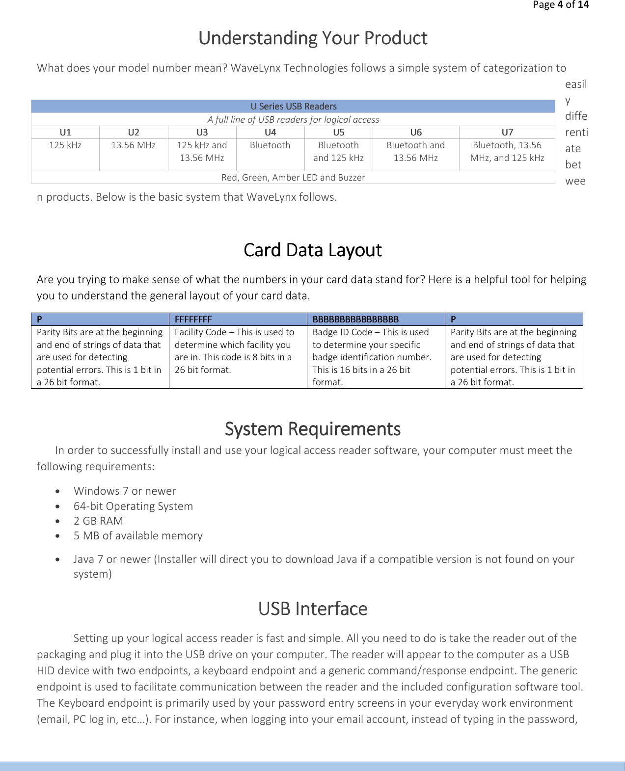 Page 4 of 14  Understanding Your Understanding Your Understanding Your Understanding Your ProductProductProductProduct    What does your model number mean? WaveLynx Technologies follows a simple system of categorization to easily differentiate between products. Below is the basic system that WaveLynx follows.   Card Data LayoutCard Data LayoutCard Data LayoutCard Data Layout    Are you trying to make sense of what the numbers in your card data stand for? Here is a helpful tool for helping you to understand the general layout of your card data.  PPPP     FFFFFFFFFFFFFFFFFFFFFFFFFFFFFFFF     BBBBBBBBBBBBBBBBBBBBBBBBBBBBBBBBBBBBBBBBBBBBBBBBBBBBBBBBBBBBBBBB     PPPP    Parity Bits are at the beginning and end of strings of data that are used for detecting potential errors. This is 1 bit in a 26 bit format.  Facility Code &ndash; This is used to determine which facility you are in. This code is 8 bits in a 26 bit format.  Badge ID Code &ndash; This is used to determine your specific badge identification number. This is 16 bits in a 26 bit format.  Parity Bits are at the beginning and end of strings of data that are used for detecting potential errors. This is 1 bit in a 26 bit format.  System RequirementsSystem RequirementsSystem RequirementsSystem Requirements    In order to successfully install and use your logical access reader software, your computer must meet the following requirements:    &bull; Windows 7 or newer &bull; 64-bit Operating System &bull; 2 GB RAM &bull; 5 MB of available memory &bull; Java 7 or newer (Installer will direct you to download Java if a compatible version is not found on your system) USB InterfaceUSB InterfaceUSB InterfaceUSB Interface    Setting up your logical access reader is fast and simple. All you need to do is take the reader out of the packaging and plug it into the USB drive on your computer. The reader will appear to the computer as a USB HID device with two endpoints, a keyboard endpoint and a generic command/response endpoint. The generic endpoint is used to facilitate communication between the reader and the included configuration software tool. The Keyboard endpoint is primarily used by your password entry screens in your everyday work environment (email, PC log in, etc&hellip;). For instance, when logging into your email account, instead of typing in the password, U Series USB ReadersU Series USB ReadersU Series USB ReadersU Series USB Readers    A full line of USB readers for logical access U1U1U1U1     U2U2U2U2     U3U3U3U3     U4U4U4U4     U5U5U5U5     U6U6U6U6     U7U7U7U7    125 kHz     13.56 MHz     125 kHz and 13.56 MHz    Bluetooth     Bluetooth and 125 kHz    Bluetooth and 13.56 MHz    Bluetooth, 13.56 MHz, and 125 kHz    Red, Green, Amber LED and Buzzer 