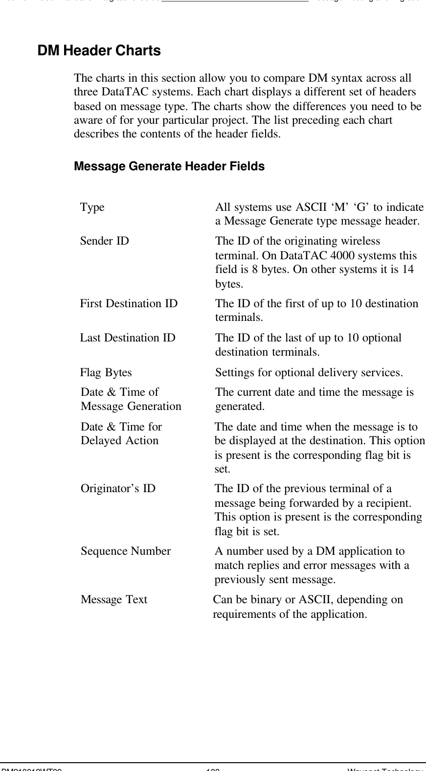 Boomer II User Manual &amp; Integrator’s Guide________________________________Message Routing and MigrationBM210012WT09 103 Wavenet TechnologyDM Header ChartsThe charts in this section allow you to compare DM syntax across allthree DataTAC systems. Each chart displays a different set of headersbased on message type. The charts show the differences you need to beaware of for your particular project. The list preceding each chartdescribes the contents of the header fields.Message Generate Header FieldsType All systems use ASCII ‘M’ ‘G’ to indicatea Message Generate type message header.Sender ID The ID of the originating wirelessterminal. On DataTAC 4000 systems thisfield is 8 bytes. On other systems it is 14bytes.First Destination ID The ID of the first of up to 10 destinationterminals.Last Destination ID The ID of the last of up to 10 optionaldestination terminals.Flag Bytes Settings for optional delivery services.Date &amp; Time ofMessage Generation The current date and time the message isgenerated.Date &amp; Time forDelayed Action The date and time when the message is tobe displayed at the destination. This optionis present is the corresponding flag bit isset.Originator’s ID The ID of the previous terminal of amessage being forwarded by a recipient.This option is present is the correspondingflag bit is set.Sequence Number A number used by a DM application tomatch replies and error messages with apreviously sent message.Message Text Can be binary or ASCII, depending onrequirements of the application.