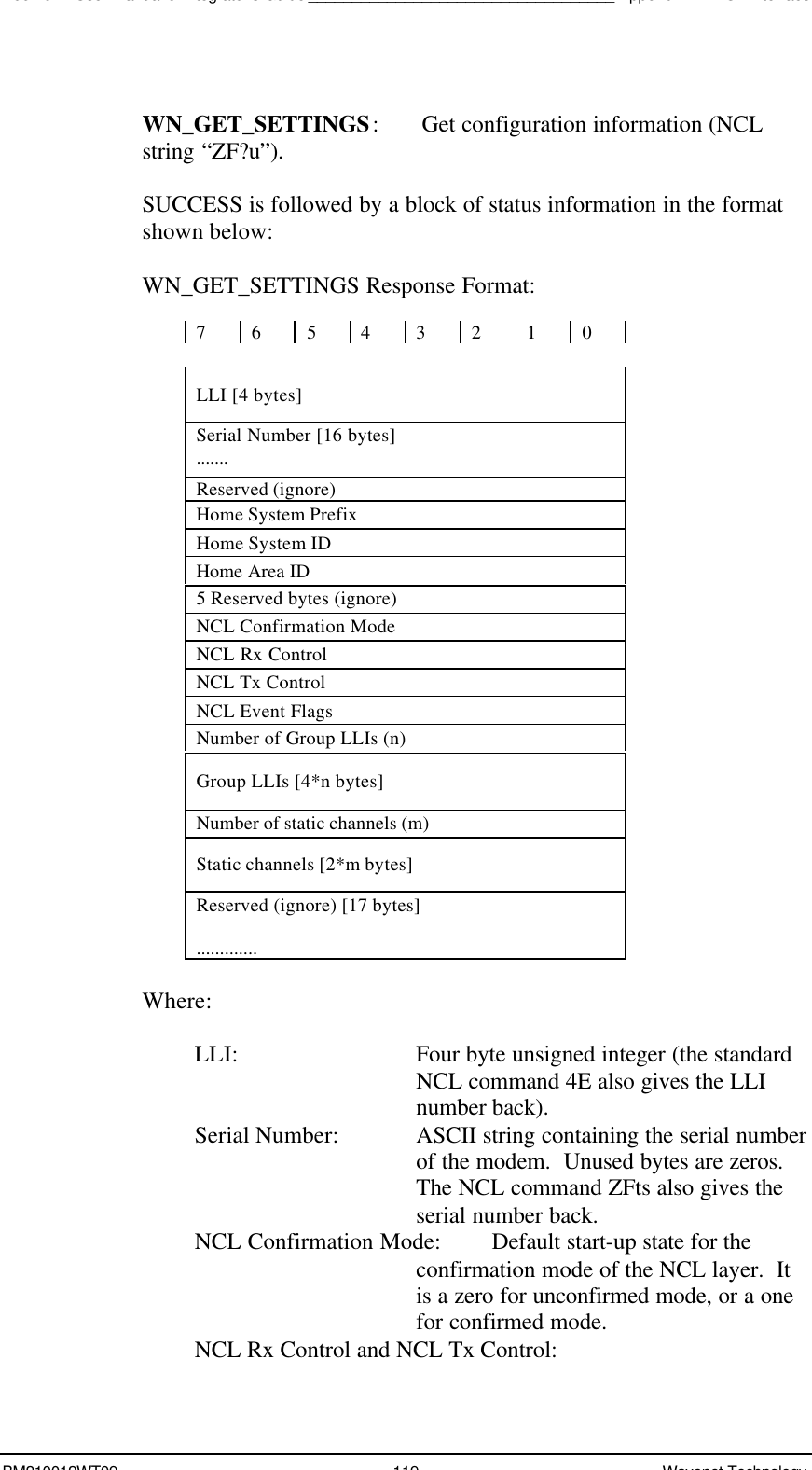 Boomer II User Manual &amp; Integrator’s Guide___________________________________Appendix A - NCL InterfaceBM210012WT09 119 Wavenet TechnologyWN_GET_SETTINGS:Get configuration information (NCLstring “ZF?u”).SUCCESS is followed by a block of status information in the formatshown below:WN_GET_SETTINGS Response Format:76543210LLI [4 bytes]Serial Number [16 bytes].......Reserved (ignore)Home System PrefixHome System IDHome Area ID5 Reserved bytes (ignore)NCL Confirmation ModeNCL Rx ControlNCL Tx ControlNCL Event FlagsNumber of Group LLIs (n)Group LLIs [4*n bytes]Number of static channels (m)Static channels [2*m bytes]Reserved (ignore) [17 bytes].............Where:LLI: Four byte unsigned integer (the standardNCL command 4E also gives the LLInumber back).Serial Number: ASCII string containing the serial numberof the modem.  Unused bytes are zeros.The NCL command ZFts also gives theserial number back.NCL Confirmation Mode: Default start-up state for theconfirmation mode of the NCL layer.  Itis a zero for unconfirmed mode, or a onefor confirmed mode.NCL Rx Control and NCL Tx Control: