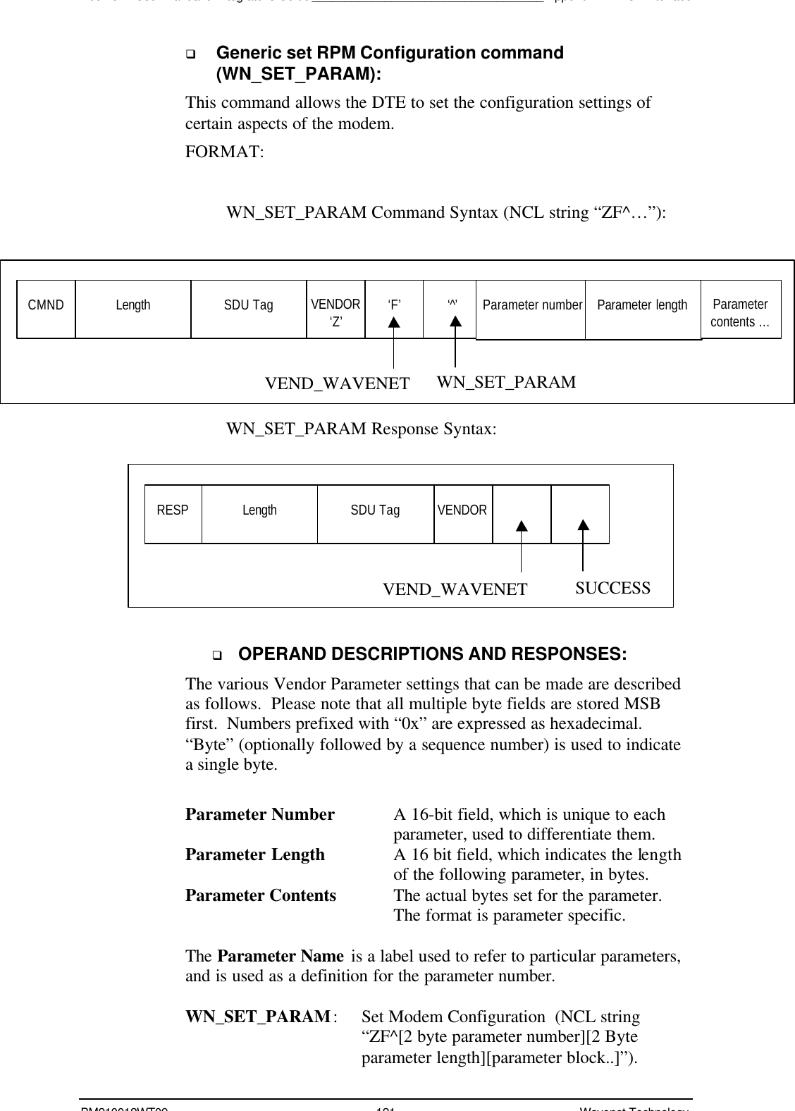 Boomer II User Manual &amp; Integrator’s Guide___________________________________Appendix A - NCL InterfaceBM210012WT09 121 Wavenet Technologyq Generic set RPM Configuration command(WN_SET_PARAM):This command allows the DTE to set the configuration settings ofcertain aspects of the modem.FORMAT:WN_SET_PARAM Command Syntax (NCL string “ZF^…”):WN_SET_PARAM Response Syntax:q OPERAND DESCRIPTIONS AND RESPONSES:The various Vendor Parameter settings that can be made are describedas follows.  Please note that all multiple byte fields are stored MSBfirst.  Numbers prefixed with “0x” are expressed as hexadecimal.“Byte” (optionally followed by a sequence number) is used to indicatea single byte.Parameter Number A 16-bit field, which is unique to eachparameter, used to differentiate them.Parameter Length A 16 bit field, which indicates the lengthof the following parameter, in bytes.Parameter Contents The actual bytes set for the parameter.The format is parameter specific.The Parameter Name is a label used to refer to particular parameters,and is used as a definition for the parameter number.WN_SET_PARAM:Set Modem Configuration  (NCL string“ZF^[2 byte parameter number][2 Byteparameter length][parameter block..]”).RESP Length SDU Tag VENDORSUCCESSVEND_WAVENETCMND Length SDU TagVENDOR‘Z’ ‘F’ ‘^’WN_SET_PARAMVEND_WAVENETParameter number Parameter lengthParametercontents …