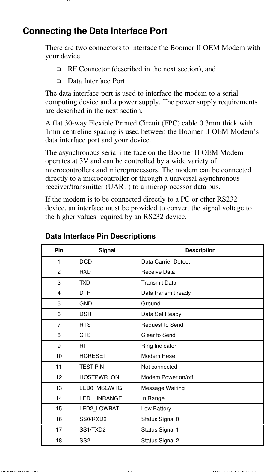 Boomer II User Manual &amp; Integrator’s Guide_________________________________________________InstallationBM210012WT09 15 Wavenet TechnologyConnecting the Data Interface PortThere are two connectors to interface the Boomer II OEM Modem withyour device.q RF Connector (described in the next section), andq Data Interface PortThe data interface port is used to interface the modem to a serialcomputing device and a power supply. The power supply requirementsare described in the next section.A flat 30-way Flexible Printed Circuit (FPC) cable 0.3mm thick with1mm centreline spacing is used between the Boomer II OEM Modem’sdata interface port and your device.The asynchronous serial interface on the Boomer II OEM Modemoperates at 3V and can be controlled by a wide variety ofmicrocontrollers and microprocessors. The modem can be connecteddirectly to a microcontroller or through a universal asynchronousreceiver/transmitter (UART) to a microprocessor data bus.If the modem is to be connected directly to a PC or other RS232device, an interface must be provided to convert the signal voltage tothe higher values required by an RS232 device.Data Interface Pin DescriptionsPin Signal Description1DCD Data Carrier Detect2RXD Receive Data3TXD Transmit Data4DTR Data transmit ready5GND Ground6DSR Data Set Ready7RTS Request to Send8CTS Clear to Send9RI Ring Indicator10 HCRESET Modem Reset11 TEST PIN Not connected12 HOSTPWR_ON Modem Power on/off13 LED0_MSGWTG Message Waiting14 LED1_INRANGE In Range15 LED2_LOWBAT Low Battery16 SS0/RXD2 Status Signal 017 SS1/TXD2 Status Signal 118 SS2 Status Signal 2