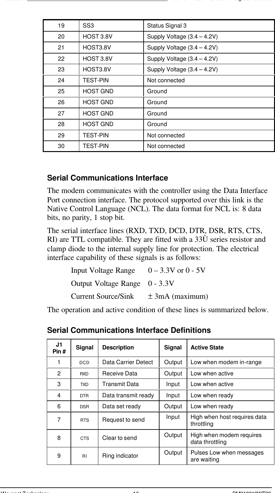 Installation________________________________________________Boomer II User Manual &amp; Integrator’s GuideWavenet Technology 16 BM210012WT0919 SS3 Status Signal 320 HOST 3.8V Supply Voltage (3.4 – 4.2V)21 HOST3.8V Supply Voltage (3.4 – 4.2V)22 HOST 3.8V Supply Voltage (3.4 – 4.2V)23 HOST3.8V Supply Voltage (3.4 – 4.2V)24 TEST-PIN Not connected25 HOST GND Ground26 HOST GND Ground27 HOST GND Ground28 HOST GND Ground29 TEST-PIN Not connected30 TEST-PIN Not connectedSerial Communications InterfaceThe modem communicates with the controller using the Data InterfacePort connection interface. The protocol supported over this link is theNative Control Language (NCL). The data format for NCL is: 8 databits, no parity, 1 stop bit.The serial interface lines (RXD, TXD, DCD, DTR, DSR, RTS, CTS,RI) are TTL compatible. They are fitted with a 33Ù series resistor andclamp diode to the internal supply line for protection. The electricalinterface capability of these signals is as follows:Input Voltage Range 0 – 3.3V or 0 - 5VOutput Voltage Range 0 - 3.3VCurrent Source/Sink ± 3mA (maximum)The operation and active condition of these lines is summarized below.Serial Communications Interface DefinitionsJ1Pin # Signal Description Signal Active State1DCD Data Carrier Detect Output Low when modem in-range2RXD Receive Data Output Low when active3TXD Transmit Data Input Low when active4DTR Data transmit ready Input Low when ready6DSR Data set ready Output Low when ready7RTS Request to send Input High when host requires datathrottling8CTS Clear to send Output High when modem requiresdata throttling9RI Ring indicator Output Pulses Low when messagesare waiting