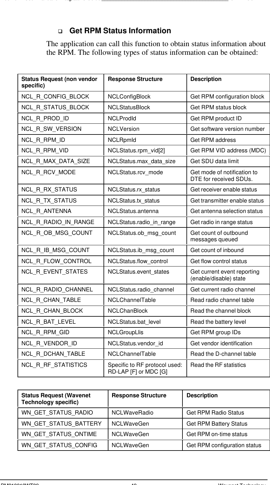 Boomer II User Manual &amp; Integrator’s Guide____________________________________________SDK – SCR APIBM210012WT09 49 Wavenet Technologyq Get RPM Status InformationThe application can call this function to obtain status information aboutthe RPM. The following types of status information can be obtained:Status Request (non vendorspecific) Response Structure DescriptionNCL_R_CONFIG_BLOCK NCLConfigBlock Get RPM configuration blockNCL_R_STATUS_BLOCK NCLStatusBlock Get RPM status blockNCL_R_PROD_ID NCLProdId Get RPM product IDNCL_R_SW_VERSION NCLVersion Get software version numberNCL_R_RPM_ID NCLRpmId Get RPM addressNCL_R_RPM_VID NCLStatus.rpm_vid[2] Get RPM VID address (MDC)NCL_R_MAX_DATA_SIZE NCLStatus.max_data_size Get SDU data limitNCL_R_RCV_MODE NCLStatus.rcv_mode Get mode of notification toDTE for received SDUs.NCL_R_RX_STATUS NCLStatus.rx_status Get receiver enable statusNCL_R_TX_STATUS NCLStatus.tx_status Get transmitter enable statusNCL_R_ANTENNA NCLStatus.antenna Get antenna selection statusNCL_R_RADIO_IN_RANGE NCLStatus.radio_in_range Get radio in range statusNCL_R_OB_MSG_COUNT NCLStatus.ob_msg_count Get count of outboundmessages queuedNCL_R_IB_MSG_COUNT NCLStatus.ib_msg_count Get count of inboundNCL_R_FLOW_CONTROL NCLStatus.flow_control Get flow control statusNCL_R_EVENT_STATES NCLStatus.event_states Get current event reporting(enable/disable) stateNCL_R_RADIO_CHANNEL NCLStatus.radio_channel Get current radio channelNCL_R_CHAN_TABLE NCLChannelTable Read radio channel tableNCL_R_CHAN_BLOCK NCLChanBlock Read the channel blockNCL_R_BAT_LEVEL NCLStatus.bat_level Read the battery levelNCL_R_RPM_GID NCLGroupLlis Get RPM group IDsNCL_R_VENDOR_ID NCLStatus.vendor_id Get vendor identificationNCL_R_DCHAN_TABLE NCLChannelTable Read the D-channel tableNCL_R_RF_STATISTICS Specific to RF protocol used:RD-LAP [F] or MDC [G] Read the RF statisticsStatus Request (WavenetTechnology specific) Response Structure DescriptionWN_GET_STATUS_RADIO NCLWaveRadio Get RPM Radio StatusWN_GET_STATUS_BATTERY NCLWaveGen Get RPM Battery StatusWN_GET_STATUS_ONTIME NCLWaveGen Get RPM on-time statusWN_GET_STATUS_CONFIG NCLWaveGen Get RPM configuration status