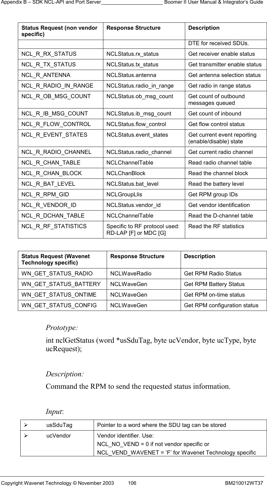 Appendix B – SDK NCL-API and Port Server______________________ Boomer II User Manual &amp; Integrator’s Guide Copyright Wavenet Technology © November 2003  106  BM210012WT37 Status Request (non vendor specific) Response Structure  Description DTE for received SDUs.  NCL_R_RX_STATUS   NCLStatus.rx_status  Get receiver enable status  NCL_R_TX_STATUS   NCLStatus.tx_status  Get transmitter enable status  NCL_R_ANTENNA   NCLStatus.antenna  Get antenna selection status  NCL_R_RADIO_IN_RANGE   NCLStatus.radio_in_range  Get radio in range status  NCL_R_OB_MSG_COUNT   NCLStatus.ob_msg_count  Get count of outbound   messages queued  NCL_R_IB_MSG_COUNT   NCLStatus.ib_msg_count  Get count of inbound  NCL_R_FLOW_CONTROL   NCLStatus.flow_control  Get flow control status  NCL_R_EVENT_STATES   NCLStatus.event_states  Get current event reporting  (enable/disable) state  NCL_R_RADIO_CHANNEL   NCLStatus.radio_channel  Get current radio channel  NCL_R_CHAN_TABLE   NCLChannelTable  Read radio channel table  NCL_R_CHAN_BLOCK   NCLChanBlock  Read the channel block NCL_R_BAT_LEVEL   NCLStatus.bat_level  Read the battery level NCL_R_RPM_GID   NCLGroupLlis  Get RPM group IDs NCL_R_VENDOR_ID   NCLStatus.vendor_id  Get vendor identification NCL_R_DCHAN_TABLE   NCLChannelTable  Read the D-channel table NCL_R_RF_STATISTICS   Specific to RF protocol used: RD-LAP [F] or MDC [G] Read the RF statistics   Status Request (Wavenet Technology specific) Response Structure  Description WN_GET_STATUS_RADIO  NCLWaveRadio  Get RPM Radio Status  WN_GET_STATUS_BATTERY  NCLWaveGen  Get RPM Battery Status WN_GET_STATUS_ONTIME  NCLWaveGen  Get RPM on-time status WN_GET_STATUS_CONFIG  NCLWaveGen  Get RPM configuration status   Prototype: int nclGetStatus (word *usSduTag, byte ucVendor, byte ucType, byte ucRequest);  Description: Command the RPM to send the requested status information.   Input:   usSduTag  Pointer to a word where the SDU tag can be stored   ucVendor  Vendor identifier. Use: NCL_NO_VEND = 0 if not vendor specific or  NCL_VEND_WAVENET = ’F’ for Wavenet Technology specific 