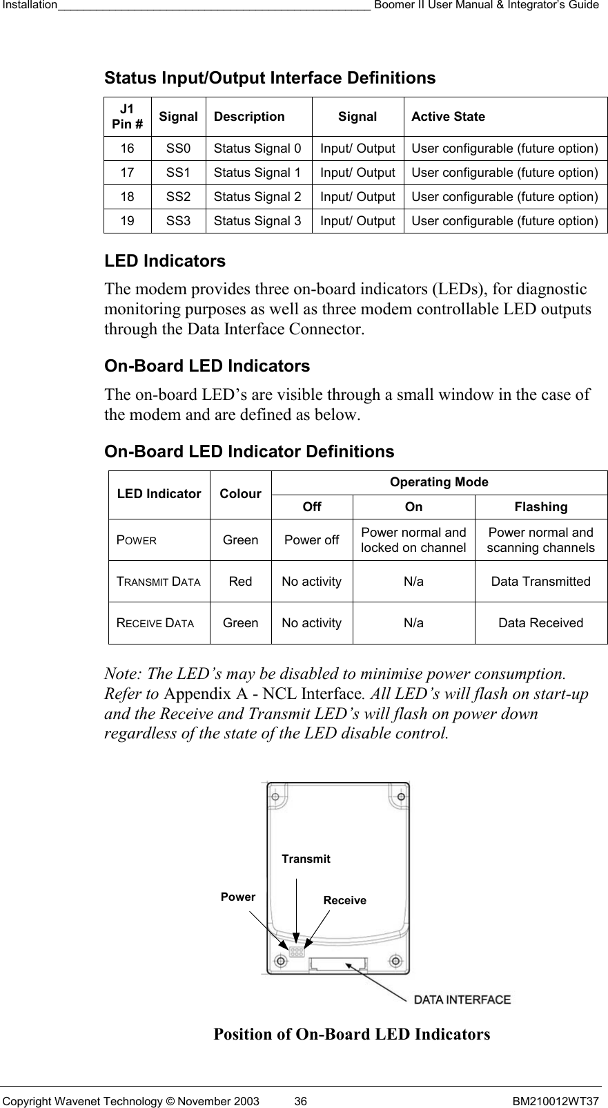 Installation_________________________________________________ Boomer II User Manual &amp; Integrator’s Guide  Copyright Wavenet Technology © November 2003  36  BM210012WT37 Status Input/Output Interface Definitions J1 Pin #  Signal Description  Signal  Active State 16  SS0  Status Signal 0  Input/ Output  User configurable (future option) 17  SS1  Status Signal 1  Input/ Output  User configurable (future option) 18  SS2  Status Signal 2  Input/ Output  User configurable (future option) 19  SS3  Status Signal 3  Input/ Output  User configurable (future option) LED Indicators The modem provides three on-board indicators (LEDs), for diagnostic monitoring purposes as well as three modem controllable LED outputs through the Data Interface Connector.  On-Board LED Indicators The on-board LED’s are visible through a small window in the case of the modem and are defined as below. On-Board LED Indicator Definitions Operating Mode LED Indicator  Colour Off On  Flashing POWER Green Power off Power normal and locked on channel Power normal and scanning channels TRANSMIT DATA  Red  No activity  N/a  Data Transmitted RECEIVE DATA  Green  No activity  N/a  Data Received  Note: The LED’s may be disabled to minimise power consumption. Refer to Appendix A - NCL Interface. All LED’s will flash on start-up and the Receive and Transmit LED’s will flash on power down regardless of the state of the LED disable control.    Position of On-Board LED Indicators Power  ReceiveTransmit 