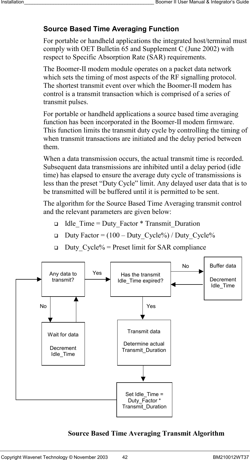 Installation_________________________________________________ Boomer II User Manual &amp; Integrator’s Guide  Copyright Wavenet Technology © November 2003  42  BM210012WT37 Source Based Time Averaging Function For portable or handheld applications the integrated host/terminal must comply with OET Bulletin 65 and Supplement C (June 2002) with respect to Specific Absorption Rate (SAR) requirements.  The Boomer-II modem module operates on a packet data network which sets the timing of most aspects of the RF signalling protocol. The shortest transmit event over which the Boomer-II modem has control is a transmit transaction which is comprised of a series of transmit pulses. For portable or handheld applications a source based time averaging function has been incorporated in the Boomer-II modem firmware. This function limits the transmit duty cycle by controlling the timing of when transmit transactions are initiated and the delay period between them. When a data transmission occurs, the actual transmit time is recorded. Subsequent data transmissions are inhibited until a delay period (idle time) has elapsed to ensure the average duty cycle of transmissions is less than the preset “Duty Cycle” limit. Any delayed user data that is to be transmitted will be buffered until it is permitted to be sent. The algorithm for the Source Based Time Averaging transmit control and the relevant parameters are given below:   Idle_Time = Duty_Factor * Transmit_Duration   Duty Factor = (100 – Duty_Cycle%) / Duty_Cycle%   Duty_Cycle% = Preset limit for SAR compliance  Source Based Time Averaging Transmit Algorithm No Yes No  Wait for data  Decrement Idle_Time  Transmit data   Determine actual Transmit_DurationBuffer data  Decrement Idle_Time Yes  Has the transmit Idle_Time expired? Set Idle_Time = Duty_Factor * Transmit_Duration Any data to transmit? 