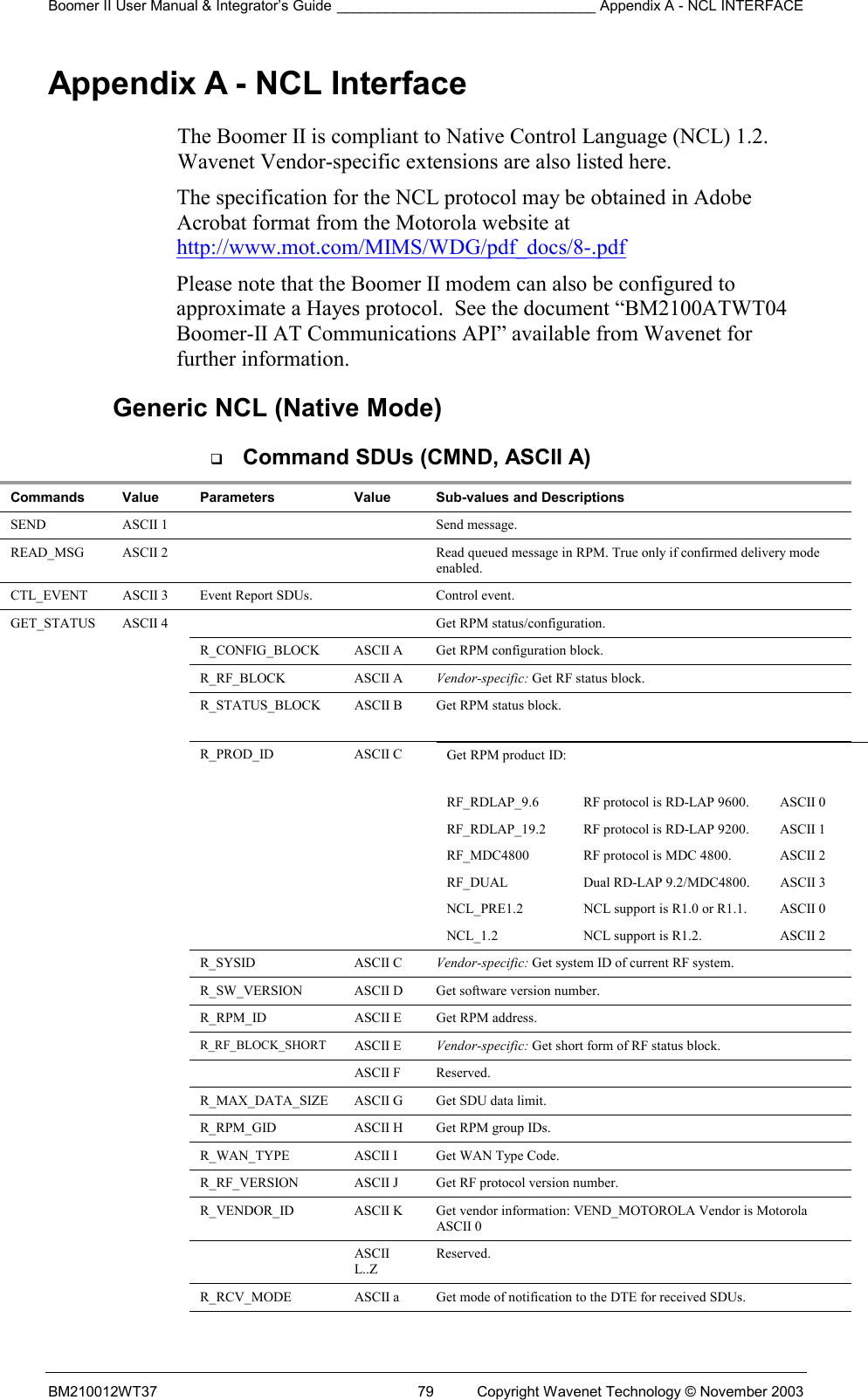 Boomer II User Manual &amp; Integrator’s Guide ________________________________ Appendix A - NCL INTERFACE  BM210012WT37  79  Copyright Wavenet Technology © November 2003 Appendix A - NCL Interface The Boomer II is compliant to Native Control Language (NCL) 1.2. Wavenet Vendor-specific extensions are also listed here.  The specification for the NCL protocol may be obtained in Adobe Acrobat format from the Motorola website at http://www.mot.com/MIMS/WDG/pdf_docs/8-.pdf Please note that the Boomer II modem can also be configured to approximate a Hayes protocol.  See the document “BM2100ATWT04 Boomer-II AT Communications API” available from Wavenet for further information. Generic NCL (Native Mode)   Command SDUs (CMND, ASCII A) Commands  Value  Parameters  Value  Sub-values and Descriptions SEND  ASCII 1      Send message. READ_MSG  ASCII 2      Read queued message in RPM. True only if confirmed delivery mode enabled. CTL_EVENT  ASCII 3  Event Report SDUs.    Control event. GET_STATUS  ASCII 4      Get RPM status/configuration.     R_CONFIG_BLOCK  ASCII A  Get RPM configuration block.   R_RF_BLOCK ASCII A Vendor-specific: Get RF status block.     R_STATUS_BLOCK  ASCII B  Get RPM status block.    R_PROD_ID ASCII C Get RPM product ID:  RF_RDLAP_9.6  RF protocol is RD-LAP 9600.  ASCII 0 RF_RDLAP_19.2  RF protocol is RD-LAP 9200.  ASCII 1 RF_MDC4800  RF protocol is MDC 4800.  ASCII 2 RF_DUAL  Dual RD-LAP 9.2/MDC4800. ASCII 3 NCL_PRE1.2  NCL support is R1.0 or R1.1.  ASCII 0 NCL_1.2  NCL support is R1.2.  ASCII 2    R_SYSID ASCII C Vendor-specific: Get system ID of current RF system.     R_SW_VERSION  ASCII D  Get software version number.     R_RPM_ID  ASCII E  Get RPM address.   R_RF_BLOCK_SHORT  ASCII E  Vendor-specific: Get short form of RF status block.     ASCII F Reserved.     R_MAX_DATA_SIZE  ASCII G  Get SDU data limit.     R_RPM_GID  ASCII H  Get RPM group IDs.     R_WAN_TYPE  ASCII I  Get WAN Type Code.     R_RF_VERSION  ASCII J  Get RF protocol version number.     R_VENDOR_ID  ASCII K  Get vendor information: VEND_MOTOROLA Vendor is Motorola ASCII 0     ASCII L..Z Reserved.     R_RCV_MODE  ASCII a  Get mode of notification to the DTE for received SDUs. 