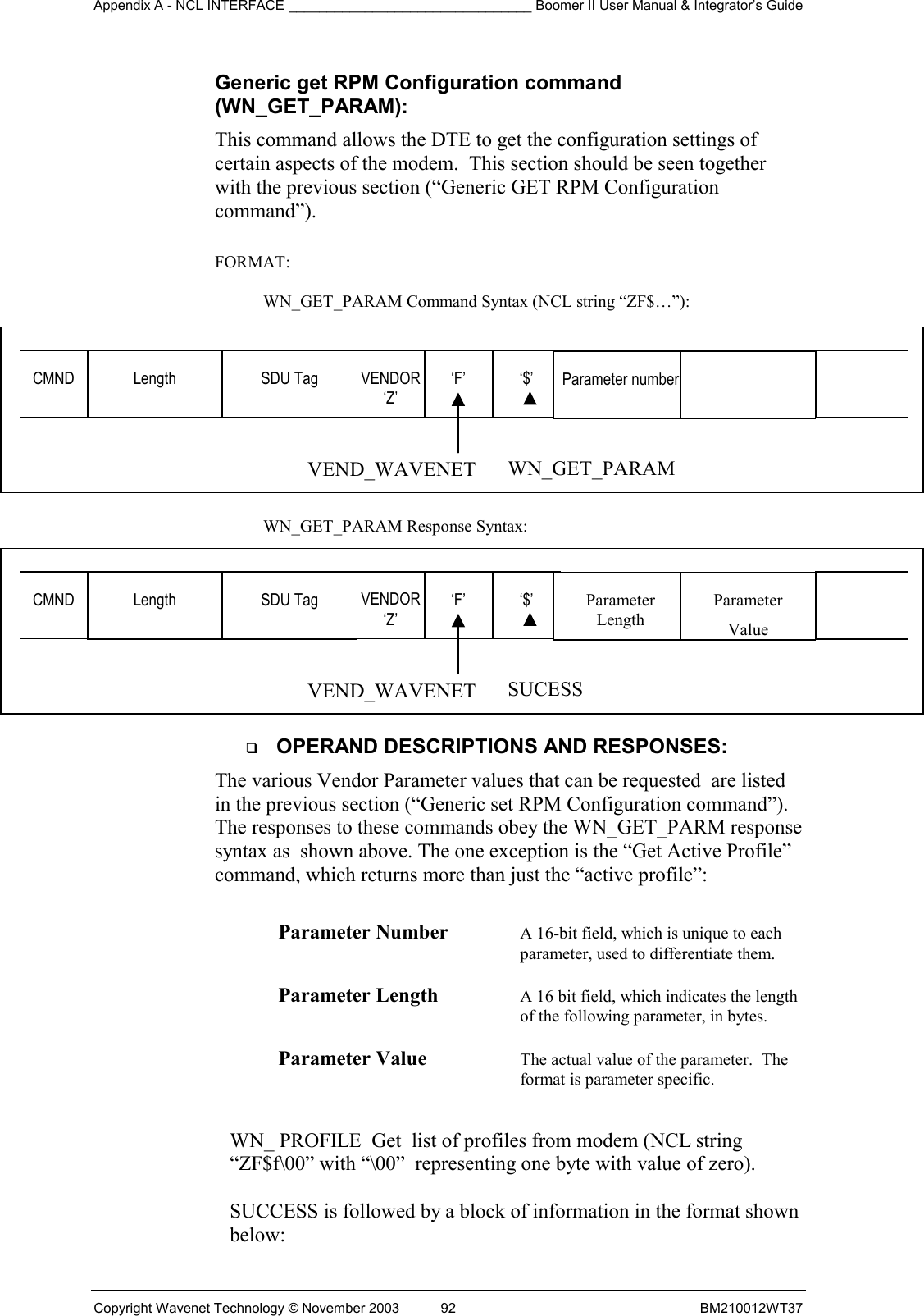 Appendix A - NCL INTERFACE ________________________________ Boomer II User Manual &amp; Integrator’s Guide Copyright Wavenet Technology © November 2003  92  BM210012WT37 Generic get RPM Configuration command (WN_GET_PARAM): This command allows the DTE to get the configuration settings of certain aspects of the modem.  This section should be seen together with the previous section (“Generic GET RPM Configuration command”).  FORMAT:   WN_GET_PARAM Command Syntax (NCL string “ZF$…”):  WN_GET_PARAM Response Syntax:   OPERAND DESCRIPTIONS AND RESPONSES: The various Vendor Parameter values that can be requested  are listed in the previous section (“Generic set RPM Configuration command”).  The responses to these commands obey the WN_GET_PARM response syntax as  shown above. The one exception is the “Get Active Profile” command, which returns more than just the “active profile”:  Parameter Number  A 16-bit field, which is unique to each parameter, used to differentiate them.  Parameter Length  A 16 bit field, which indicates the length of the following parameter, in bytes.  Parameter Value  The actual value of the parameter.  The format is parameter specific.   WN_ PROFILE  Get  list of profiles from modem (NCL string “ZF$f\00” with “\00”  representing one byte with value of zero).  SUCCESS is followed by a block of information in the format shown below:  CMND  Length  SDU Tag  VENDOR‘Z’ ‘F’  ‘$’ WN_GET_PARAM VEND_WAVENETParameter number   CMND  Length  SDU Tag  VENDOR‘Z’ ‘F’  ‘$’ SUCESS VEND_WAVENETParameter Length Parameter Value  