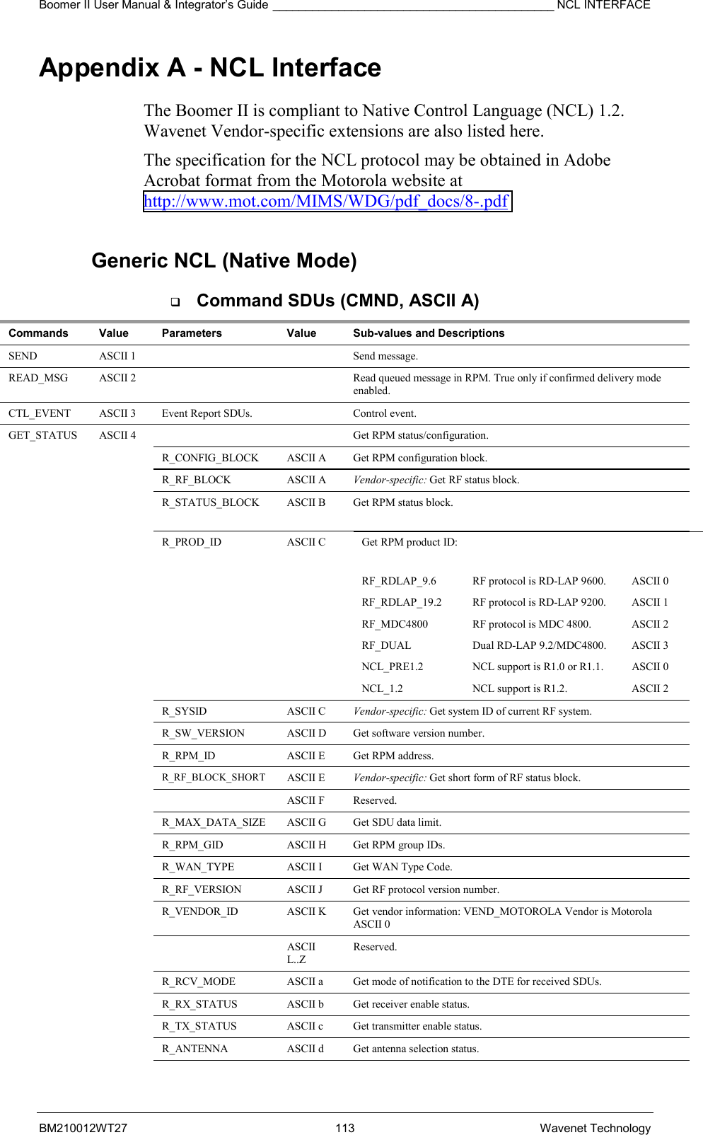 Boomer II User Manual &amp; Integrator’s Guide ___________________________________________ NCL INTERFACE  BM210012WT27 113 Wavenet Technology Appendix A - NCL Interface The Boomer II is compliant to Native Control Language (NCL) 1.2. Wavenet Vendor-specific extensions are also listed here.  The specification for the NCL protocol may be obtained in Adobe Acrobat format from the Motorola website at http://www.mot.com/MIMS/WDG/pdf_docs/8-.pdf  Generic NCL (Native Mode)   Command SDUs (CMND, ASCII A) Commands  Value  Parameters  Value  Sub-values and Descriptions SEND ASCII 1     Send message. READ_MSG  ASCII 2      Read queued message in RPM. True only if confirmed delivery mode enabled. CTL_EVENT  ASCII 3  Event Report SDUs.    Control event. GET_STATUS  ASCII 4      Get RPM status/configuration.     R_CONFIG_BLOCK  ASCII A  Get RPM configuration block.   R_RF_BLOCK ASCII A Vendor-specific: Get RF status block.     R_STATUS_BLOCK ASCII B Get RPM status block.    R_PROD_ID ASCII C Get RPM product ID:  RF_RDLAP_9.6  RF protocol is RD-LAP 9600.  ASCII 0 RF_RDLAP_19.2  RF protocol is RD-LAP 9200.  ASCII 1 RF_MDC4800  RF protocol is MDC 4800.  ASCII 2 RF_DUAL  Dual RD-LAP 9.2/MDC4800.  ASCII 3 NCL_PRE1.2  NCL support is R1.0 or R1.1.  ASCII 0 NCL_1.2  NCL support is R1.2.  ASCII 2    R_SYSID ASCII C Vendor-specific: Get system ID of current RF system.     R_SW_VERSION  ASCII D  Get software version number.     R_RPM_ID  ASCII E  Get RPM address.   R_RF_BLOCK_SHORT  ASCII E  Vendor-specific: Get short form of RF status block.     ASCII F Reserved.     R_MAX_DATA_SIZE  ASCII G  Get SDU data limit.     R_RPM_GID  ASCII H  Get RPM group IDs.     R_WAN_TYPE  ASCII I  Get WAN Type Code.     R_RF_VERSION  ASCII J  Get RF protocol version number.     R_VENDOR_ID  ASCII K  Get vendor information: VEND_MOTOROLA Vendor is Motorola ASCII 0     ASCII L..Z Reserved.     R_RCV_MODE  ASCII a  Get mode of notification to the DTE for received SDUs.     R_RX_STATUS  ASCII b  Get receiver enable status.     R_TX_STATUS  ASCII c  Get transmitter enable status.     R_ANTENNA  ASCII d  Get antenna selection status. 