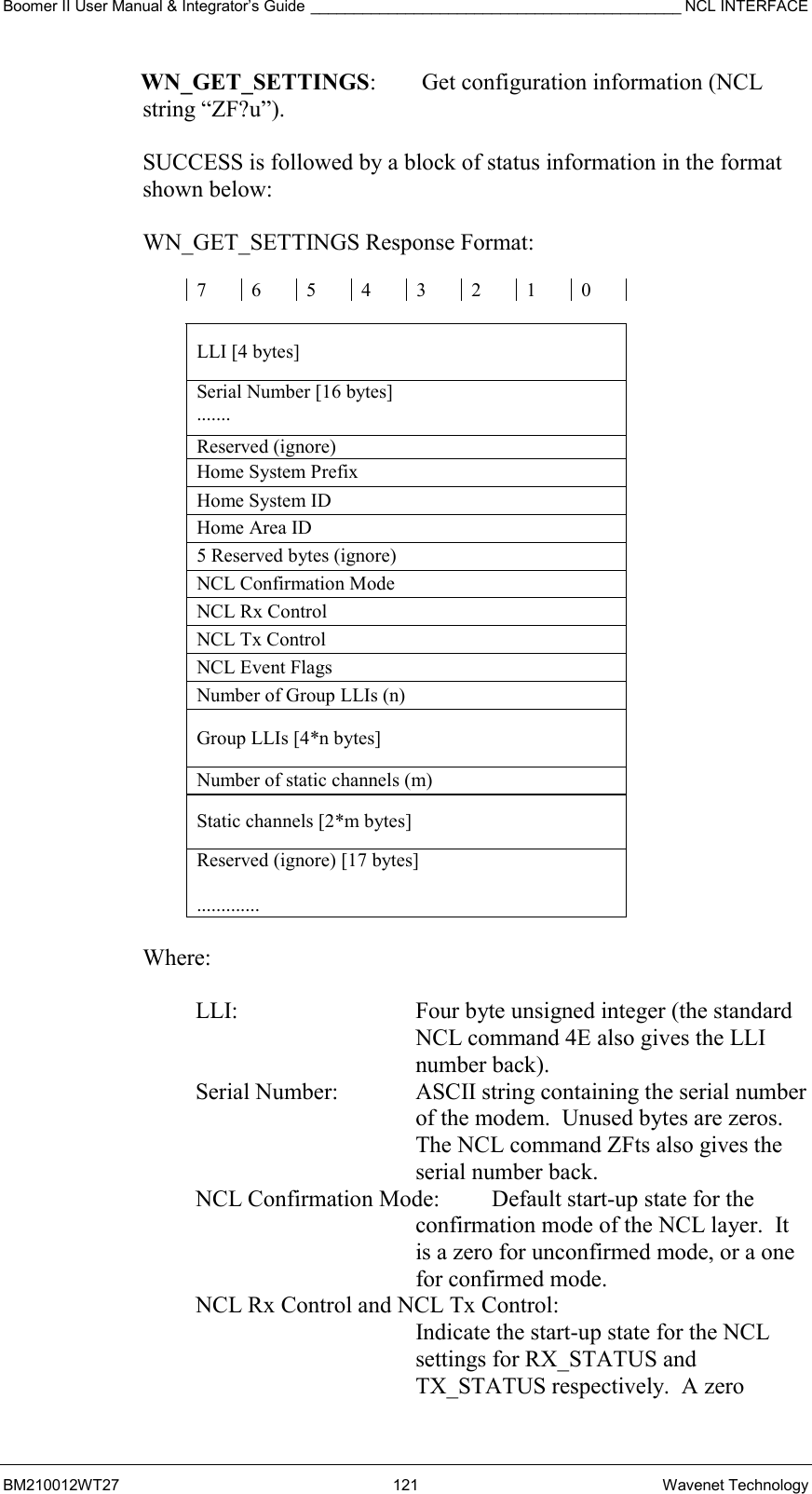 Boomer II User Manual &amp; Integrator’s Guide ___________________________________________ NCL INTERFACE  BM210012WT27 121 Wavenet Technology WN_GET_SETTINGS:  Get configuration information (NCL  string “ZF?u”).  SUCCESS is followed by a block of status information in the format  shown below:  WN_GET_SETTINGS Response Format:  7 6 5 4 3 2 1 0  LLI [4 bytes] Serial Number [16 bytes] ....... Reserved (ignore) Home System Prefix Home System ID Home Area ID 5 Reserved bytes (ignore) NCL Confirmation Mode NCL Rx Control NCL Tx Control NCL Event Flags Number of Group LLIs (n) Group LLIs [4*n bytes] Number of static channels (m) Static channels [2*m bytes] Reserved (ignore) [17 bytes]  .............   Where:  LLI:  Four byte unsigned integer (the standard NCL command 4E also gives the LLI number back). Serial Number:  ASCII string containing the serial number of the modem.  Unused bytes are zeros.  The NCL command ZFts also gives the serial number back.  NCL Confirmation Mode:  Default start-up state for the confirmation mode of the NCL layer.  It is a zero for unconfirmed mode, or a one for confirmed mode. NCL Rx Control and NCL Tx Control:  Indicate the start-up state for the NCL settings for RX_STATUS and TX_STATUS respectively.  A zero 