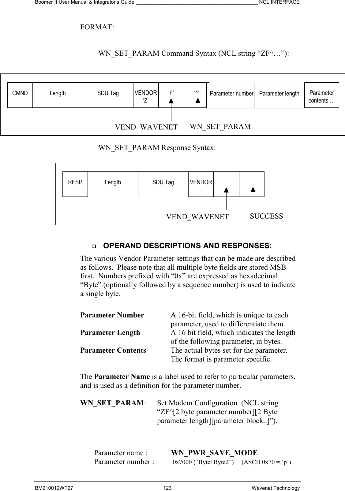 Boomer II User Manual &amp; Integrator’s Guide ___________________________________________ NCL INTERFACE  BM210012WT27 123 Wavenet Technology FORMAT:    WN_SET_PARAM Command Syntax (NCL string “ZF^…”):   WN_SET_PARAM Response Syntax:     OPERAND DESCRIPTIONS AND RESPONSES: The various Vendor Parameter settings that can be made are described as follows.  Please note that all multiple byte fields are stored MSB first.  Numbers prefixed with “0x” are expressed as hexadecimal.  “Byte” (optionally followed by a sequence number) is used to indicate a single byte.  Parameter Number  A 16-bit field, which is unique to each parameter, used to differentiate them. Parameter Length  A 16 bit field, which indicates the length of the following parameter, in bytes. Parameter Contents  The actual bytes set for the parameter.  The format is parameter specific.  The Parameter Name is a label used to refer to particular parameters, and is used as a definition for the parameter number.  WN_SET_PARAM:  Set Modem Configuration  (NCL string “ZF^[2 byte parameter number][2 Byte parameter length][parameter block..]”).     Parameter name :  WN_PWR_SAVE_MODE Parameter number :  0x7000 (“Byte1Byte2”)   (ASCII 0x70 = ‘p’) RESP  Length  SDU Tag  VENDOR     SUCCESS VEND_WAVENET CMND  Length  SDU Tag  VENDOR ‘Z’ ‘F’  ‘^’ WN_SET_PARAM VEND_WAVENET Parameter number  Parameter length  Parameter contents … 