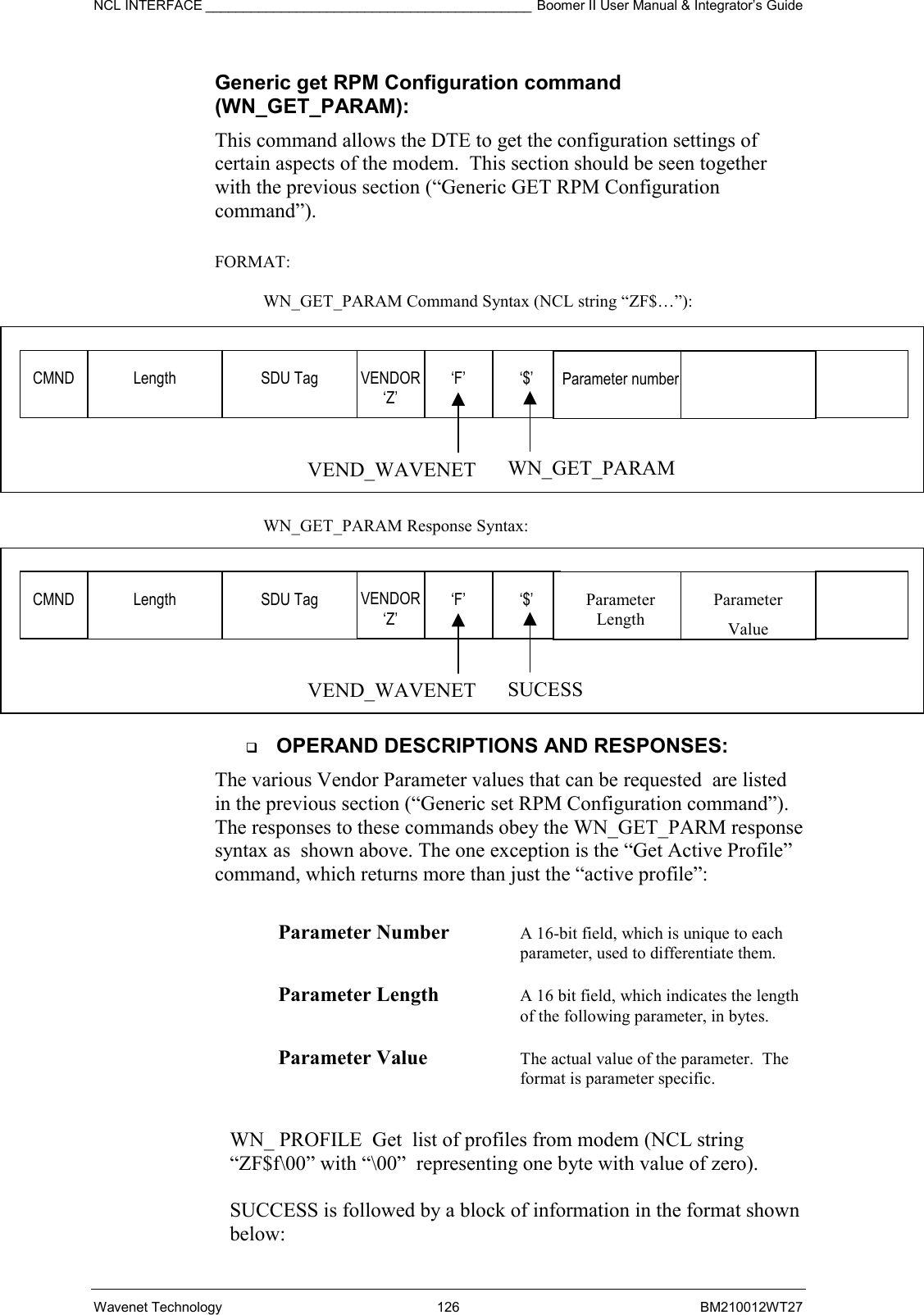 NCL INTERFACE ___________________________________________ Boomer II User Manual &amp; Integrator’s Guide Wavenet Technology  126  BM210012WT27 Generic get RPM Configuration command (WN_GET_PARAM): This command allows the DTE to get the configuration settings of certain aspects of the modem.  This section should be seen together with the previous section (“Generic GET RPM Configuration command”).  FORMAT:   WN_GET_PARAM Command Syntax (NCL string “ZF$…”):  WN_GET_PARAM Response Syntax:   OPERAND DESCRIPTIONS AND RESPONSES: The various Vendor Parameter values that can be requested  are listed in the previous section (“Generic set RPM Configuration command”).  The responses to these commands obey the WN_GET_PARM response syntax as  shown above. The one exception is the “Get Active Profile” command, which returns more than just the “active profile”:  Parameter Number  A 16-bit field, which is unique to each parameter, used to differentiate them.  Parameter Length  A 16 bit field, which indicates the length of the following parameter, in bytes.  Parameter Value  The actual value of the parameter.  The format is parameter specific.   WN_ PROFILE  Get  list of profiles from modem (NCL string “ZF$f\00” with “\00”  representing one byte with value of zero).  SUCCESS is followed by a block of information in the format shown below:  CMND  Length  SDU Tag  VENDOR ‘Z’ ‘F’  ‘$’ WN_GET_PARAM VEND_WAVENET Parameter number   CMND  Length  SDU Tag  VENDOR ‘Z’ ‘F’  ‘$’ SUCESS VEND_WAVENET Parameter Length Parameter Value  