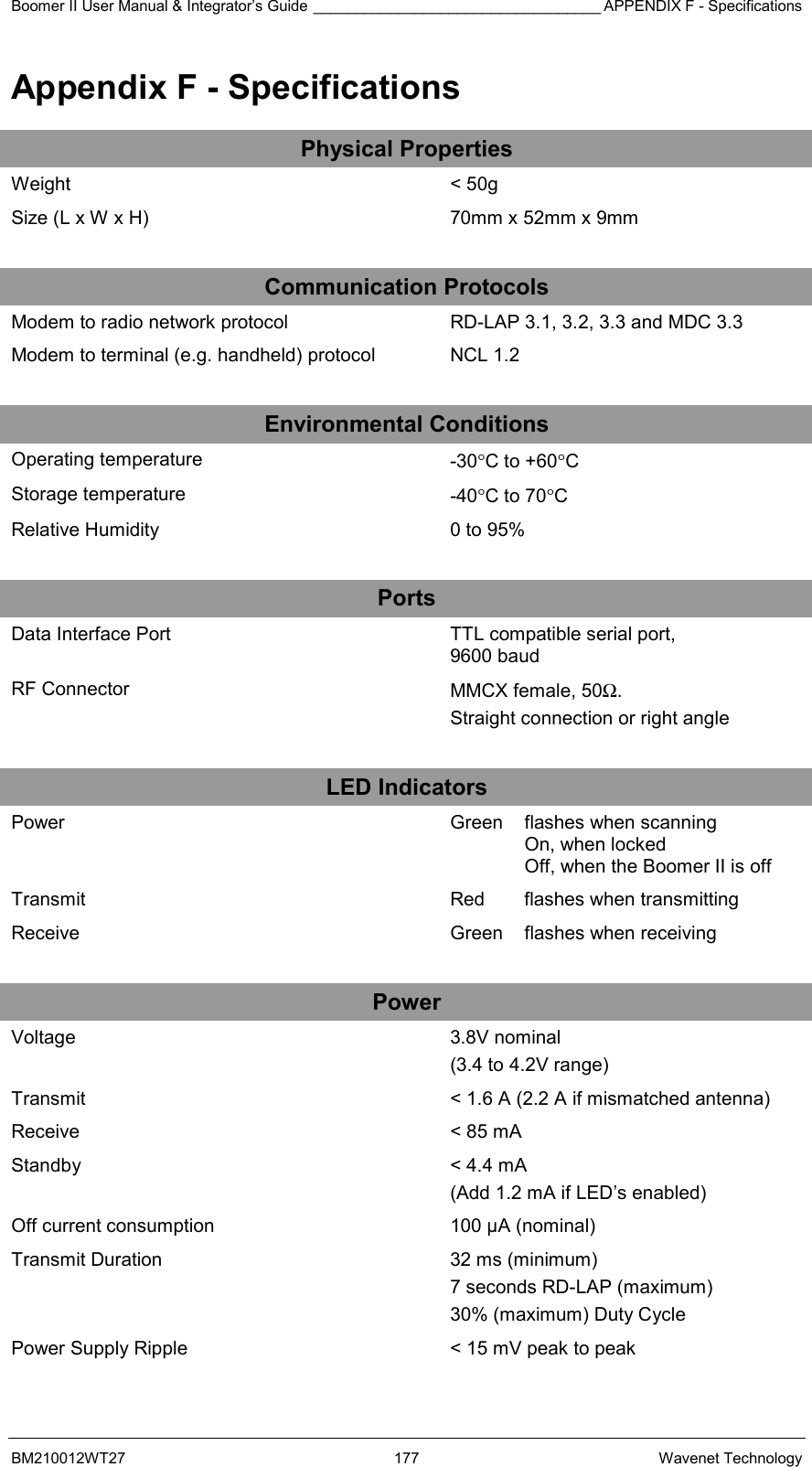 Boomer II User Manual &amp; Integrator’s Guide __________________________________ APPENDIX F - Specifications BM210012WT27 177 Wavenet Technology Appendix F - Specifications Physical Properties Weight  &lt; 50g Size (L x W x H)  70mm x 52mm x 9mm    Communication Protocols Modem to radio network protocol  RD-LAP 3.1, 3.2, 3.3 and MDC 3.3 Modem to terminal (e.g. handheld) protocol  NCL 1.2    Environmental Conditions Operating temperature  -30°C to +60°C Storage temperature  -40°C to 70°C Relative Humidity  0 to 95%    Ports Data Interface Port  TTL compatible serial port,  9600 baud RF Connector  MMCX female, 50Ω.  Straight connection or right angle    LED Indicators Power   Green  flashes when scanning On, when locked Off, when the Boomer II is off Transmit  Red  flashes when transmitting Receive  Green  flashes when receiving    Power Voltage  3.8V nominal (3.4 to 4.2V range) Transmit  &lt; 1.6 A (2.2 A if mismatched antenna) Receive  &lt; 85 mA Standby  &lt; 4.4 mA  (Add 1.2 mA if LED’s enabled) Off current consumption  100 µA (nominal) Transmit Duration  32 ms (minimum) 7 seconds RD-LAP (maximum) 30% (maximum) Duty Cycle Power Supply Ripple  &lt; 15 mV peak to peak  