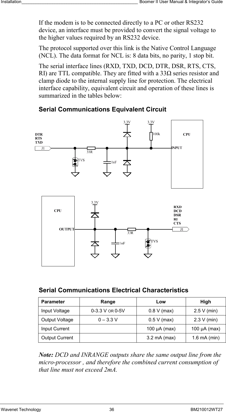 Installation_________________________________________________ Boomer II User Manual &amp; Integrator’s Guide  Wavenet Technology  36  BM210012WT27 If the modem is to be connected directly to a PC or other RS232 device, an interface must be provided to convert the signal voltage to the higher values required by an RS232 device. The protocol supported over this link is the Native Control Language (NCL). The data format for NCL is: 8 data bits, no parity, 1 stop bit. The serial interface lines (RXD, TXD, DCD, DTR, DSR, RTS, CTS, RI) are TTL compatible. They are fitted with a 33Ω series resistor and clamp diode to the internal supply line for protection. The electrical interface capability, equivalent circuit and operation of these lines is summarized in the tables below: Serial Communications Equivalent Circuit   Serial Communications Electrical Characteristics Parameter Range  Low High Input Voltage  0-3.3 V OR 0-5V  0.8 V (max)  2.5 V (min) Output Voltage  0 – 3.3 V  0.5 V (max)  2.3 V (min) Input Current    100 µA (max)  100 µA (max) Output Current    3.2 mA (max)  1.6 mA (min)   Note: DCD and INRANGE outputs share the same output line from the micro-processor , and therefore the combined current consumption of that line must not exceed 2mA.  