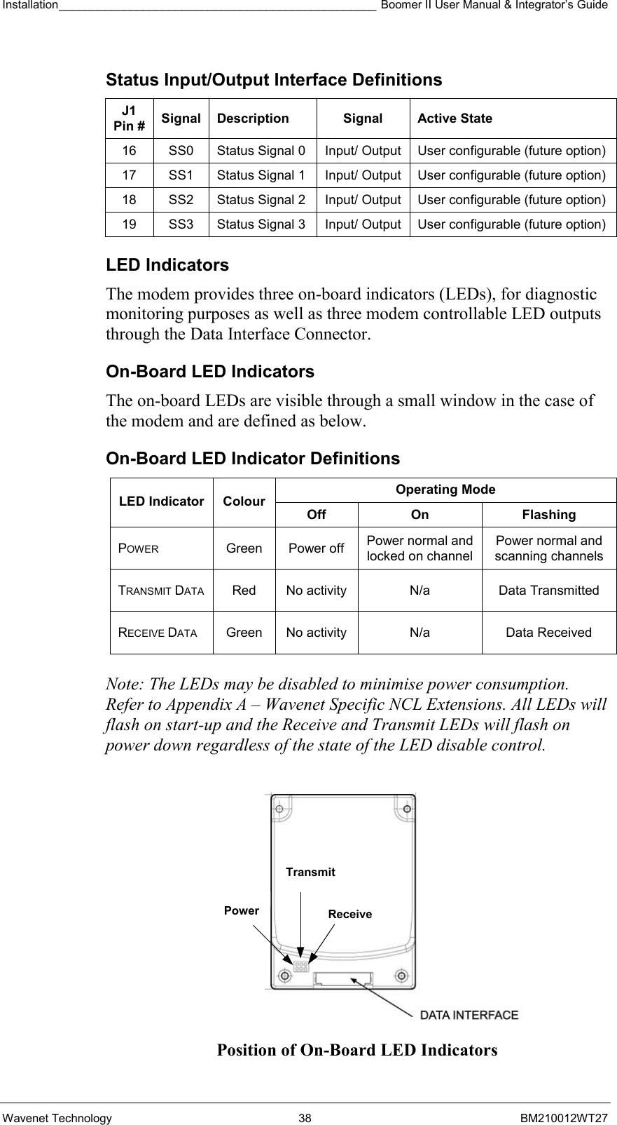 Installation_________________________________________________ Boomer II User Manual &amp; Integrator’s Guide  Wavenet Technology  38  BM210012WT27 Status Input/Output Interface Definitions J1 Pin #  Signal Description  Signal  Active State 16  SS0  Status Signal 0  Input/ Output  User configurable (future option) 17  SS1  Status Signal 1  Input/ Output  User configurable (future option) 18  SS2  Status Signal 2  Input/ Output  User configurable (future option) 19  SS3  Status Signal 3  Input/ Output  User configurable (future option) LED Indicators The modem provides three on-board indicators (LEDs), for diagnostic monitoring purposes as well as three modem controllable LED outputs through the Data Interface Connector.  On-Board LED Indicators The on-board LEDs are visible through a small window in the case of the modem and are defined as below. On-Board LED Indicator Definitions Operating Mode LED Indicator  Colour Off On  Flashing POWER Green Power off Power normal and locked on channel Power normal and scanning channels TRANSMIT DATA  Red  No activity  N/a  Data Transmitted RECEIVE DATA  Green  No activity  N/a  Data Received  Note: The LEDs may be disabled to minimise power consumption. Refer to Appendix A – Wavenet Specific NCL Extensions. All LEDs will flash on start-up and the Receive and Transmit LEDs will flash on power down regardless of the state of the LED disable control.    Position of On-Board LED Indicators Power  Receive Transmit 