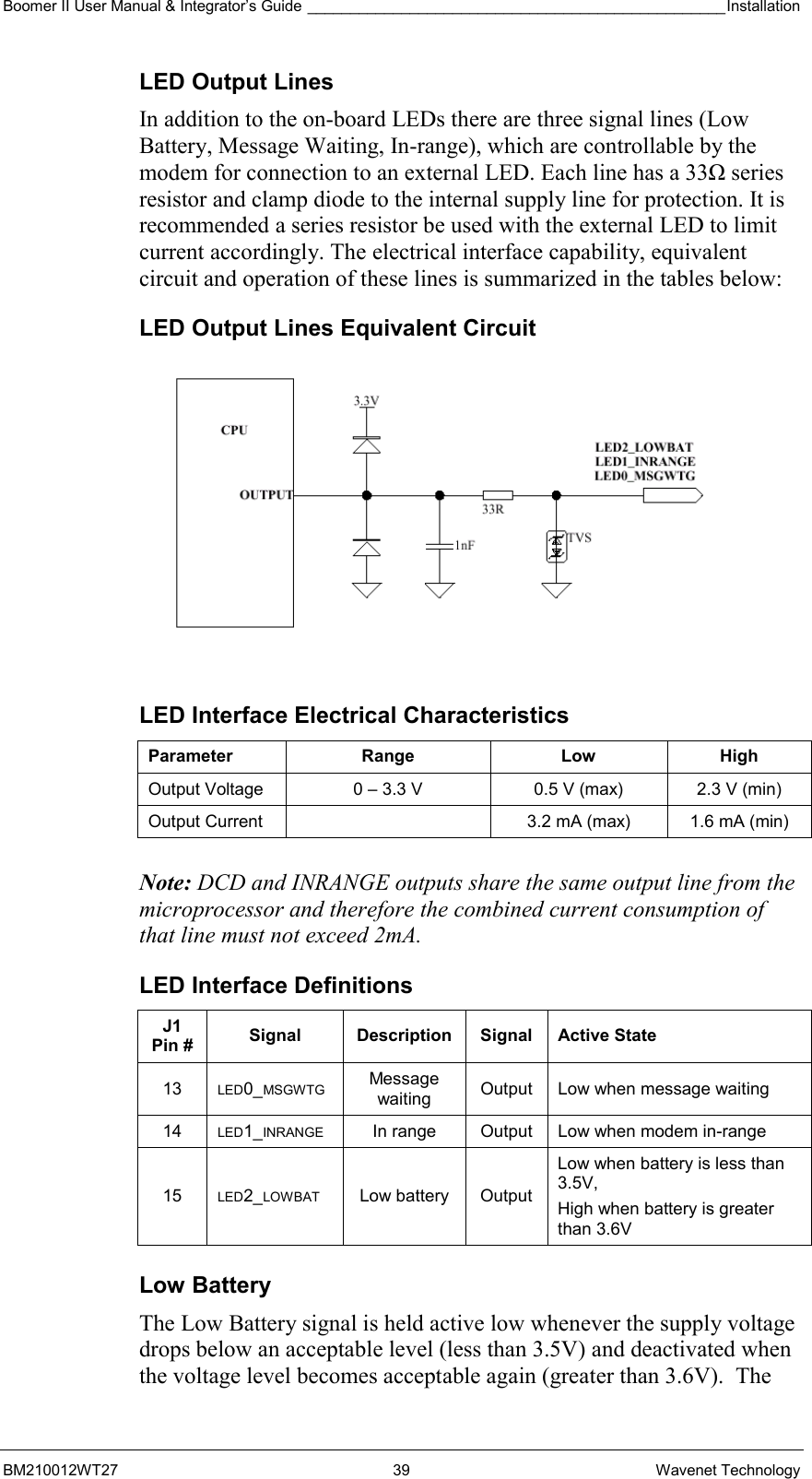 Boomer II User Manual &amp; Integrator’s Guide _________________________________________________Installation  BM210012WT27 39 Wavenet Technology LED Output Lines In addition to the on-board LEDs there are three signal lines (Low Battery, Message Waiting, In-range), which are controllable by the modem for connection to an external LED. Each line has a 33Ω series resistor and clamp diode to the internal supply line for protection. It is recommended a series resistor be used with the external LED to limit current accordingly. The electrical interface capability, equivalent circuit and operation of these lines is summarized in the tables below: LED Output Lines Equivalent Circuit  LED Interface Electrical Characteristics Parameter Range  Low High Output Voltage  0 – 3.3 V  0.5 V (max)  2.3 V (min) Output Current    3.2 mA (max)  1.6 mA (min)   Note: DCD and INRANGE outputs share the same output line from the microprocessor and therefore the combined current consumption of that line must not exceed 2mA. LED Interface Definitions J1 Pin #  Signal Description Signal Active State 13  LED0_MSGWTG Message waiting  Output  Low when message waiting 14  LED1_INRANGE  In range  Output  Low when modem in-range 15  LED2_LOWBAT Low battery Output Low when battery is less than 3.5V,  High when battery is greater than 3.6V  Low Battery The Low Battery signal is held active low whenever the supply voltage drops below an acceptable level (less than 3.5V) and deactivated when the voltage level becomes acceptable again (greater than 3.6V).  The 