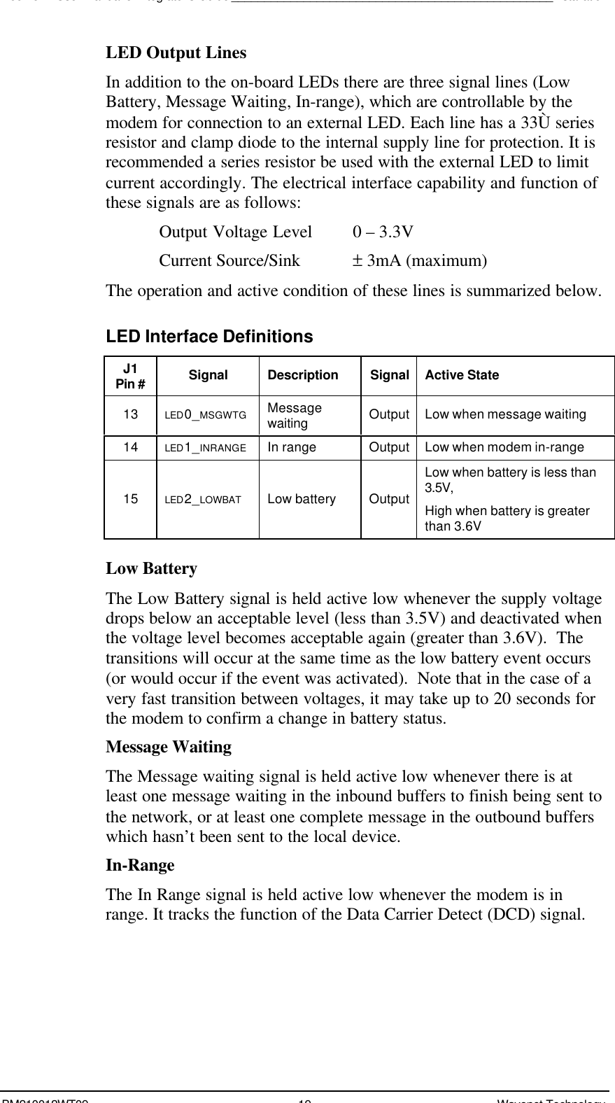 Boomer II User Manual &amp; Integrator’s Guide_________________________________________________InstallationBM210012WT09 19 Wavenet TechnologyLED Output LinesIn addition to the on-board LEDs there are three signal lines (LowBattery, Message Waiting, In-range), which are controllable by themodem for connection to an external LED. Each line has a 33Ù seriesresistor and clamp diode to the internal supply line for protection. It isrecommended a series resistor be used with the external LED to limitcurrent accordingly. The electrical interface capability and function ofthese signals are as follows:Output Voltage Level 0 – 3.3VCurrent Source/Sink ± 3mA (maximum)The operation and active condition of these lines is summarized below.LED Interface DefinitionsJ1Pin # Signal Description Signal Active State13 LED0_MSGWTG Messagewaiting Output Low when message waiting14 LED1_INRANGE In range Output Low when modem in-range15 LED2_LOWBAT Low battery OutputLow when battery is less than3.5V,High when battery is greaterthan 3.6VLow BatteryThe Low Battery signal is held active low whenever the supply voltagedrops below an acceptable level (less than 3.5V) and deactivated whenthe voltage level becomes acceptable again (greater than 3.6V).  Thetransitions will occur at the same time as the low battery event occurs(or would occur if the event was activated).  Note that in the case of avery fast transition between voltages, it may take up to 20 seconds forthe modem to confirm a change in battery status.Message WaitingThe Message waiting signal is held active low whenever there is atleast one message waiting in the inbound buffers to finish being sent tothe network, or at least one complete message in the outbound bufferswhich hasn’t been sent to the local device.In-RangeThe In Range signal is held active low whenever the modem is inrange. It tracks the function of the Data Carrier Detect (DCD) signal.