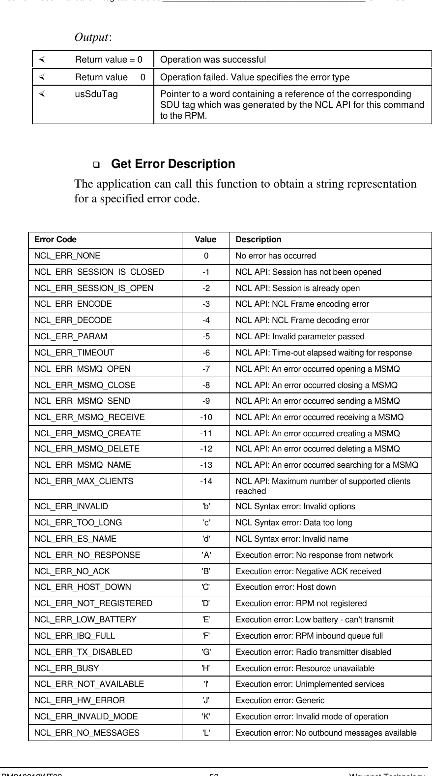 Boomer II User Manual &amp; Integrator’s Guide____________________________________________SDK – SCR APIBM210012WT09 53 Wavenet TechnologyOutput:× Return value = 0 Operation was successful× Return value   0 Operation failed. Value specifies the error type× usSduTag Pointer to a word containing a reference of the correspondingSDU tag which was generated by the NCL API for this commandto the RPM.q Get Error DescriptionThe application can call this function to obtain a string representationfor a specified error code.Error Code Value DescriptionNCL_ERR_NONE 0No error has occurredNCL_ERR_SESSION_IS_CLOSED -1 NCL API: Session has not been openedNCL_ERR_SESSION_IS_OPEN -2 NCL API: Session is already openNCL_ERR_ENCODE -3 NCL API: NCL Frame encoding errorNCL_ERR_DECODE -4 NCL API: NCL Frame decoding errorNCL_ERR_PARAM -5 NCL API: Invalid parameter passedNCL_ERR_TIMEOUT -6 NCL API: Time-out elapsed waiting for responseNCL_ERR_MSMQ_OPEN -7 NCL API: An error occurred opening a MSMQNCL_ERR_MSMQ_CLOSE -8 NCL API: An error occurred closing a MSMQNCL_ERR_MSMQ_SEND -9 NCL API: An error occurred sending a MSMQNCL_ERR_MSMQ_RECEIVE -10 NCL API: An error occurred receiving a MSMQNCL_ERR_MSMQ_CREATE -11 NCL API: An error occurred creating a MSMQNCL_ERR_MSMQ_DELETE -12 NCL API: An error occurred deleting a MSMQNCL_ERR_MSMQ_NAME -13 NCL API: An error occurred searching for a MSMQNCL_ERR_MAX_CLIENTS -14 NCL API: Maximum number of supported clientsreachedNCL_ERR_INVALID &apos;b&apos; NCL Syntax error: Invalid optionsNCL_ERR_TOO_LONG &apos;c&apos; NCL Syntax error: Data too longNCL_ERR_ES_NAME &apos;d&apos; NCL Syntax error: Invalid nameNCL_ERR_NO_RESPONSE &apos;A&apos; Execution error: No response from networkNCL_ERR_NO_ACK &apos;B&apos; Execution error: Negative ACK receivedNCL_ERR_HOST_DOWN &apos;C&apos; Execution error: Host downNCL_ERR_NOT_REGISTERED &apos;D&apos; Execution error: RPM not registeredNCL_ERR_LOW_BATTERY &apos;E&apos; Execution error: Low battery - can&apos;t transmitNCL_ERR_IBQ_FULL &apos;F&apos; Execution error: RPM inbound queue fullNCL_ERR_TX_DISABLED &apos;G&apos; Execution error: Radio transmitter disabledNCL_ERR_BUSY &apos;H&apos; Execution error: Resource unavailableNCL_ERR_NOT_AVAILABLE &apos;I&apos; Execution error: Unimplemented servicesNCL_ERR_HW_ERROR &apos;J&apos; Execution error: GenericNCL_ERR_INVALID_MODE &apos;K&apos; Execution error: Invalid mode of operationNCL_ERR_NO_MESSAGES &apos;L&apos; Execution error: No outbound messages available