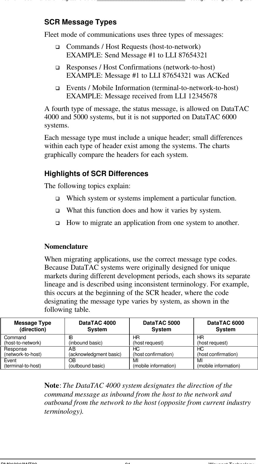 Boomer II User Manual &amp; Integrator’s Guide________________________________Message Routing and MigrationBM210012WT09 91 Wavenet TechnologySCR Message TypesFleet mode of communications uses three types of messages:q Commands / Host Requests (host-to-network)EXAMPLE: Send Message #1 to LLI 87654321q Responses / Host Confirmations (network-to-host)EXAMPLE: Message #1 to LLI 87654321 was ACKedq Events / Mobile Information (terminal-to-network-to-host)EXAMPLE: Message received from LLI 12345678A fourth type of message, the status message, is allowed on DataTAC4000 and 5000 systems, but it is not supported on DataTAC 6000systems.Each message type must include a unique header; small differenceswithin each type of header exist among the systems. The chartsgraphically compare the headers for each system.Highlights of SCR DifferencesThe following topics explain:q Which system or systems implement a particular function.q What this function does and how it varies by system.q How to migrate an application from one system to another.NomenclatureWhen migrating applications, use the correct message type codes.Because DataTAC systems were originally designed for uniquemarkets during different development periods, each shows its separatelineage and is described using inconsistent terminology. For example,this occurs at the beginning of the SCR header, where the codedesignating the message type varies by system, as shown in thefollowing table.Message Type(direction) DataTAC 4000System DataTAC 5000System DataTAC 6000SystemCommand(host-to-network) IB(inbound basic) HR(host request) HR(host request)Response(network-to-host) AB(acknowledgment basic) HC(host confirmation) HC(host confirmation)Event(terminal-to-host) OB(outbound basic) MI(mobile information) MI(mobile information)Note: The DataTAC 4000 system designates the direction of thecommand message as inbound from the host to the network andoutbound from the network to the host (opposite from current industryterminology).