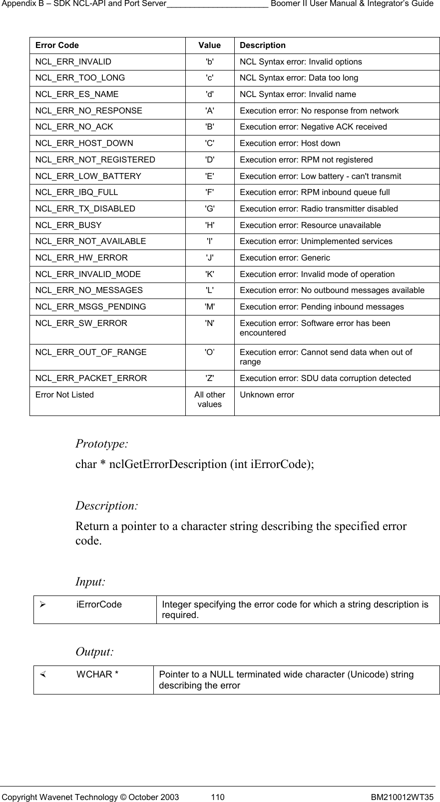 Appendix B – SDK NCL-API and Port Server______________________ Boomer II User Manual &amp; Integrator’s Guide Copyright Wavenet Technology © October 2003  110  BM210012WT35 Error Code  Value  Description NCL_ERR_INVALID  &apos;b&apos;  NCL Syntax error: Invalid options  NCL_ERR_TOO_LONG  &apos;c&apos;  NCL Syntax error: Data too long NCL_ERR_ES_NAME  &apos;d&apos;  NCL Syntax error: Invalid name  NCL_ERR_NO_RESPONSE    &apos;A&apos;  Execution error: No response from network NCL_ERR_NO_ACK  &apos;B&apos;  Execution error: Negative ACK received  NCL_ERR_HOST_DOWN  &apos;C&apos;  Execution error: Host down NCL_ERR_NOT_REGISTERED  &apos;D&apos;  Execution error: RPM not registered  NCL_ERR_LOW_BATTERY   &apos;E&apos;  Execution error: Low battery - can&apos;t transmit NCL_ERR_IBQ_FULL  &apos;F&apos;  Execution error: RPM inbound queue full  NCL_ERR_TX_DISABLED  &apos;G&apos;  Execution error: Radio transmitter disabled  NCL_ERR_BUSY  &apos;H&apos;  Execution error: Resource unavailable  NCL_ERR_NOT_AVAILABLE  &apos;I&apos;  Execution error: Unimplemented services  NCL_ERR_HW_ERROR   &apos;J&apos;  Execution error: Generic NCL_ERR_INVALID_MODE  &apos;K&apos;  Execution error: Invalid mode of operation  NCL_ERR_NO_MESSAGES  &apos;L&apos;  Execution error: No outbound messages available NCL_ERR_MSGS_PENDING  &apos;M&apos;  Execution error: Pending inbound messages NCL_ERR_SW_ERROR  &apos;N&apos;  Execution error: Software error has been encountered NCL_ERR_OUT_OF_RANGE   &apos;O’  Execution error: Cannot send data when out of range NCL_ERR_PACKET_ERROR    &apos;Z&apos;  Execution error: SDU data corruption detected Error Not Listed  All other values Unknown error  Prototype: char * nclGetErrorDescription (int iErrorCode);  Description: Return a pointer to a character string describing the specified error code.   Input:   iErrorCode  Integer specifying the error code for which a string description is required.  Output:    WCHAR *   Pointer to a NULL terminated wide character (Unicode) string describing the error  