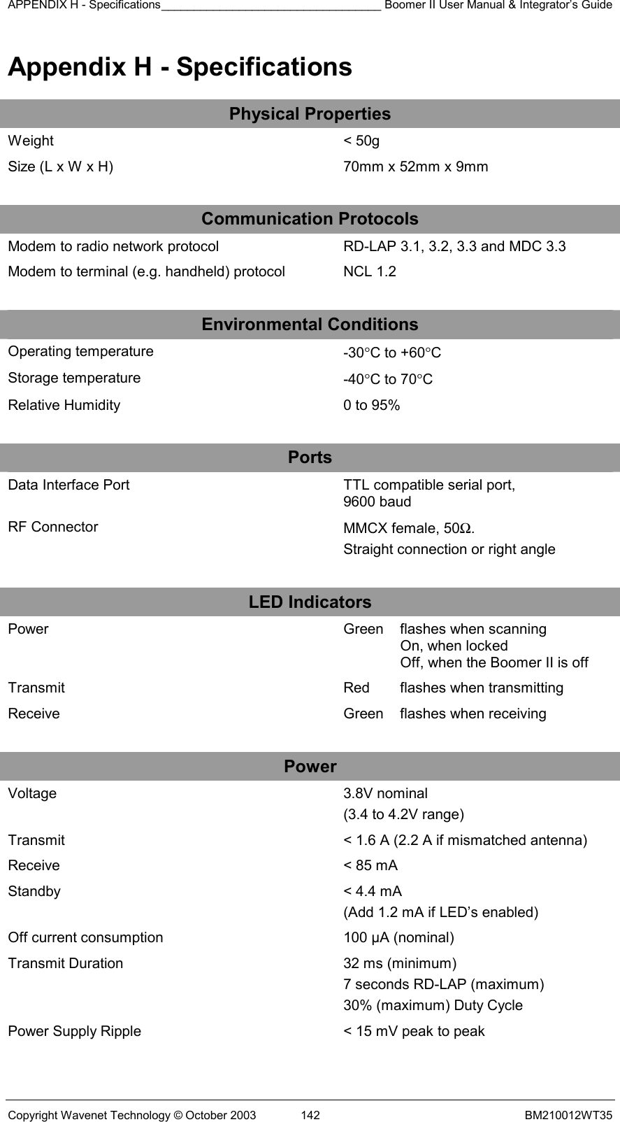 APPENDIX H - Specifications__________________________________ Boomer II User Manual &amp; Integrator’s Guide Copyright Wavenet Technology © October 2003  142  BM210012WT35 Appendix H - Specifications Physical Properties Weight  &lt; 50g Size (L x W x H)  70mm x 52mm x 9mm    Communication Protocols Modem to radio network protocol  RD-LAP 3.1, 3.2, 3.3 and MDC 3.3 Modem to terminal (e.g. handheld) protocol  NCL 1.2    Environmental Conditions Operating temperature  -30°C to +60°C Storage temperature  -40°C to 70°C Relative Humidity  0 to 95%    Ports Data Interface Port  TTL compatible serial port,  9600 baud RF Connector  MMCX female, 50Ω.  Straight connection or right angle    LED Indicators Power   Green  flashes when scanning On, when locked Off, when the Boomer II is off Transmit  Red  flashes when transmitting Receive  Green  flashes when receiving    Power Voltage  3.8V nominal (3.4 to 4.2V range) Transmit  &lt; 1.6 A (2.2 A if mismatched antenna) Receive  &lt; 85 mA Standby  &lt; 4.4 mA  (Add 1.2 mA if LED’s enabled) Off current consumption  100 µA (nominal) Transmit Duration  32 ms (minimum) 7 seconds RD-LAP (maximum) 30% (maximum) Duty Cycle Power Supply Ripple  &lt; 15 mV peak to peak  