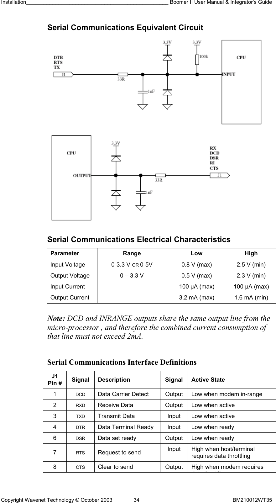 Installation_________________________________________________ Boomer II User Manual &amp; Integrator’s Guide  Copyright Wavenet Technology © October 2003  34  BM210012WT35 Serial Communications Equivalent Circuit   Serial Communications Electrical Characteristics Parameter Range  Low High Input Voltage  0-3.3 V OR 0-5V  0.8 V (max)  2.5 V (min) Output Voltage  0 – 3.3 V  0.5 V (max)  2.3 V (min) Input Current    100 µA (max)  100 µA (max) Output Current    3.2 mA (max)  1.6 mA (min)   Note: DCD and INRANGE outputs share the same output line from the micro-processor , and therefore the combined current consumption of that line must not exceed 2mA.  Serial Communications Interface Definitions J1 Pin #  Signal Description  Signal Active State 1  DCD  Data Carrier Detect  Output  Low when modem in-range 2  RXD  Receive Data  Output  Low when active 3  TXD  Transmit Data  Input  Low when active 4  DTR  Data Terminal Ready  Input  Low when ready 6  DSR  Data set ready  Output  Low when ready 7  RTS  Request to send  Input  High when host/terminal requires data throttling 8  CTS  Clear to send  Output  High when modem requires d t th ttli